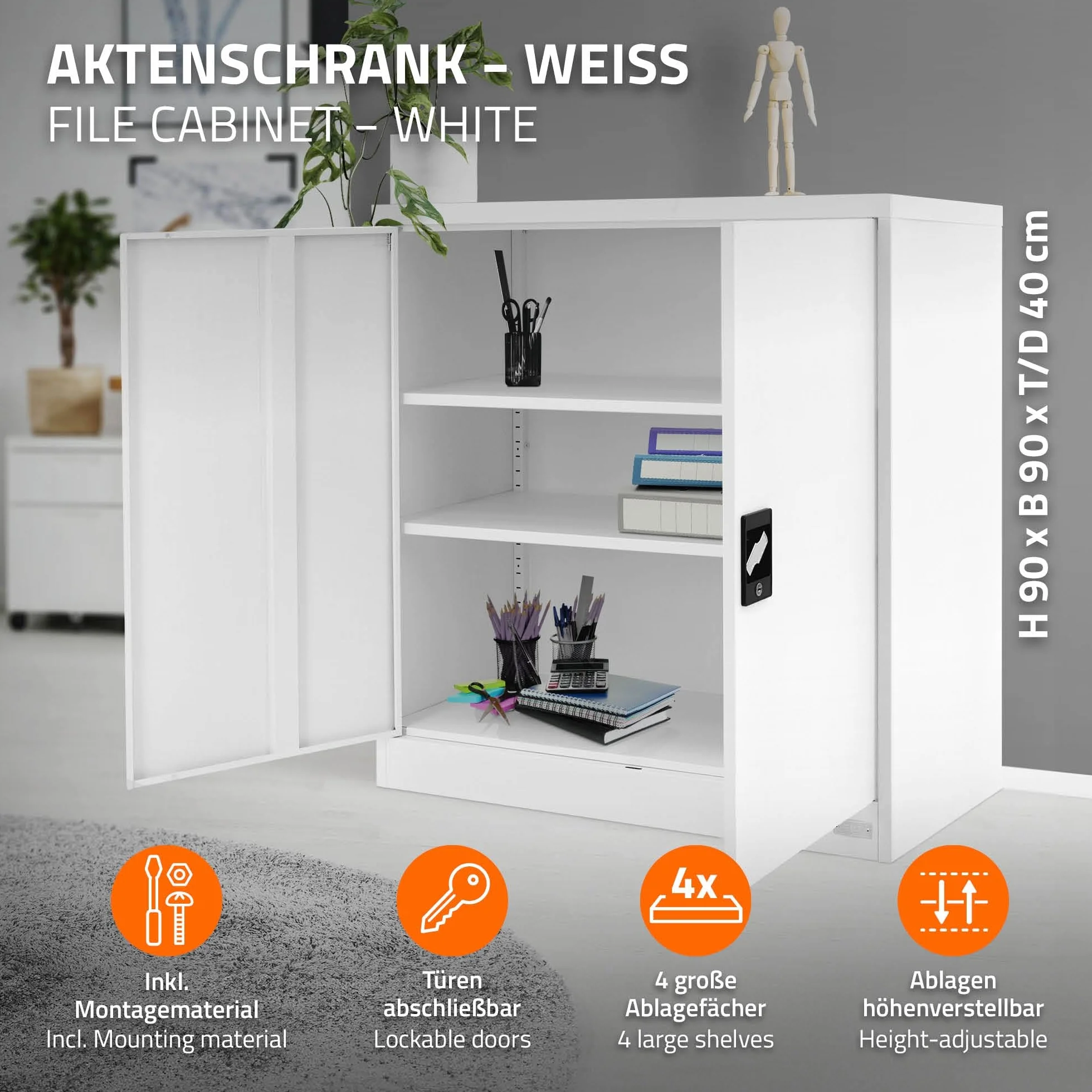 ML-Design szafka na akta, zamykana, 90 x 40 x 90 cm, biała, stalowa, 2 półki wkładane o regulowanej wysokości, szafka biurowa z 2 drzwiami, metalowa szafka do przechowywania, szafa do przechowywania