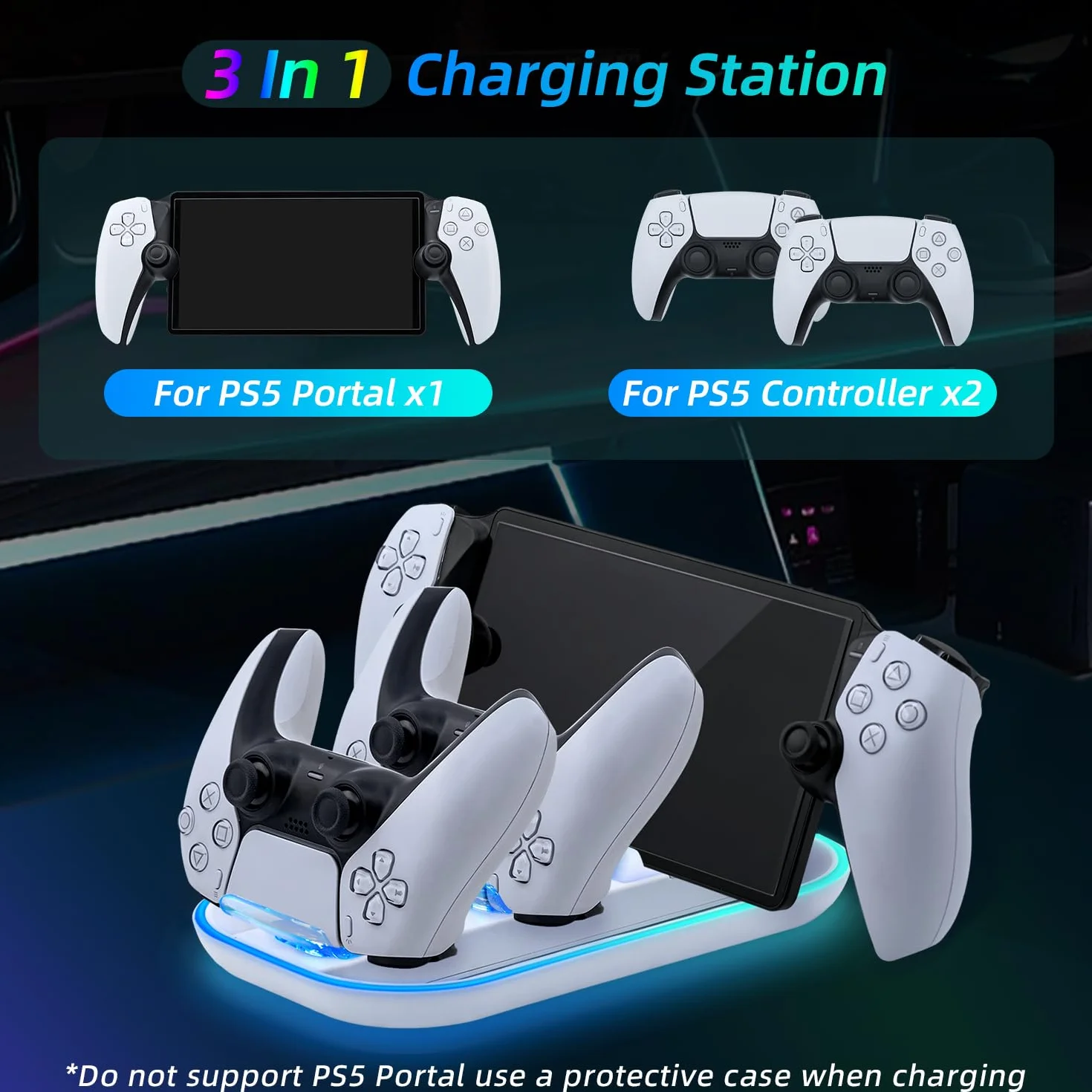 Mcbazel Stacja ładująca, ładowarka do PSPortal Remote Player/PS5 Controller ze światłem RGB
