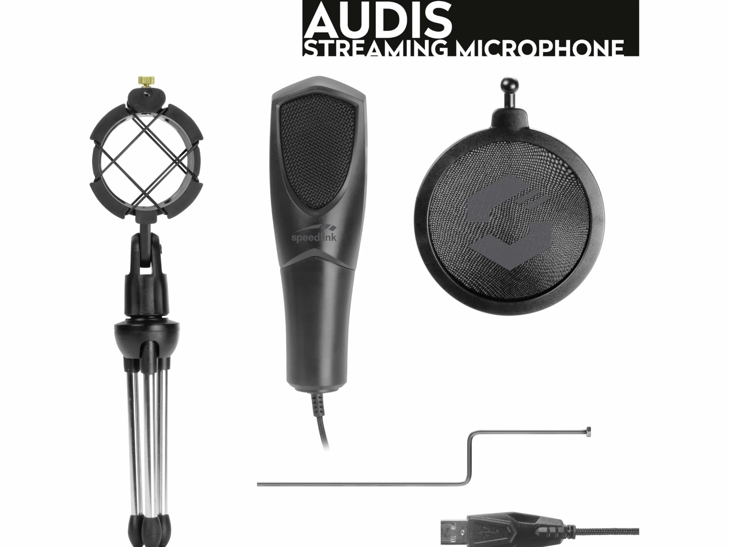 Speedlink AUDIS Desktop Streaming Microphone – mikrofon strumieniowy ze stojakiem i filtrem pop – Plug & Play, czarny