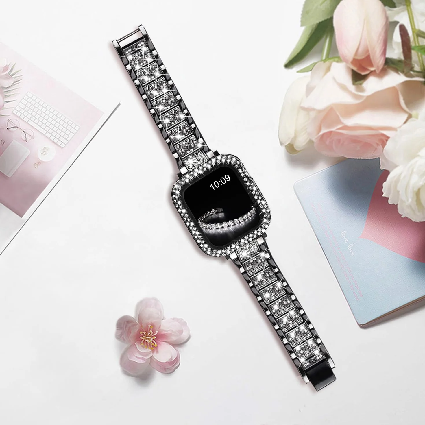 DEALELE Paski i etui kompatybilne z Apple Watch 49 mm, 46 mm, 42 mm, 45 mm, 41 mm, 44 mm, 40 mm, 38 mm, błyszczący diamentowy metalowy pasek z etui ochronnym do iWatch serii 10, 9, 8, 7, 6, 5, 4, 3
