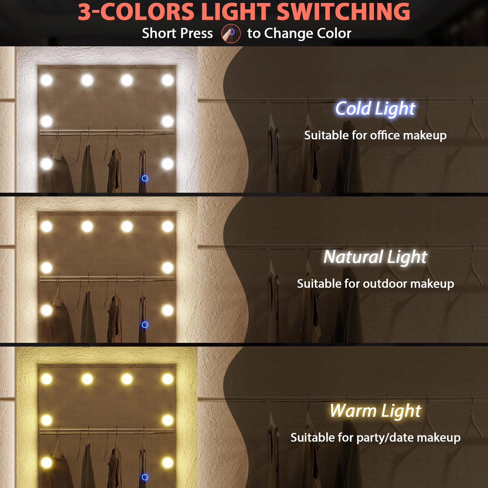 LVSOMT Lustro stojące na całe ciało z diodami LED, 155 x 50 cm, z oświetleniem, czarne