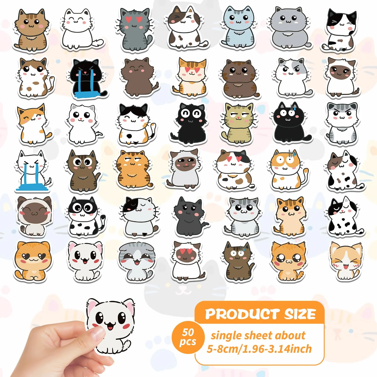 Amaxiu Zestaw naklejek uroczy kot kreskówkowy, 50 sztuk zabawnych estetycznych naklejek Kawaii Animal, wodoodporne, samoprzylepne naklejki winylowe do scrapbookingu, planistów, pamiętników