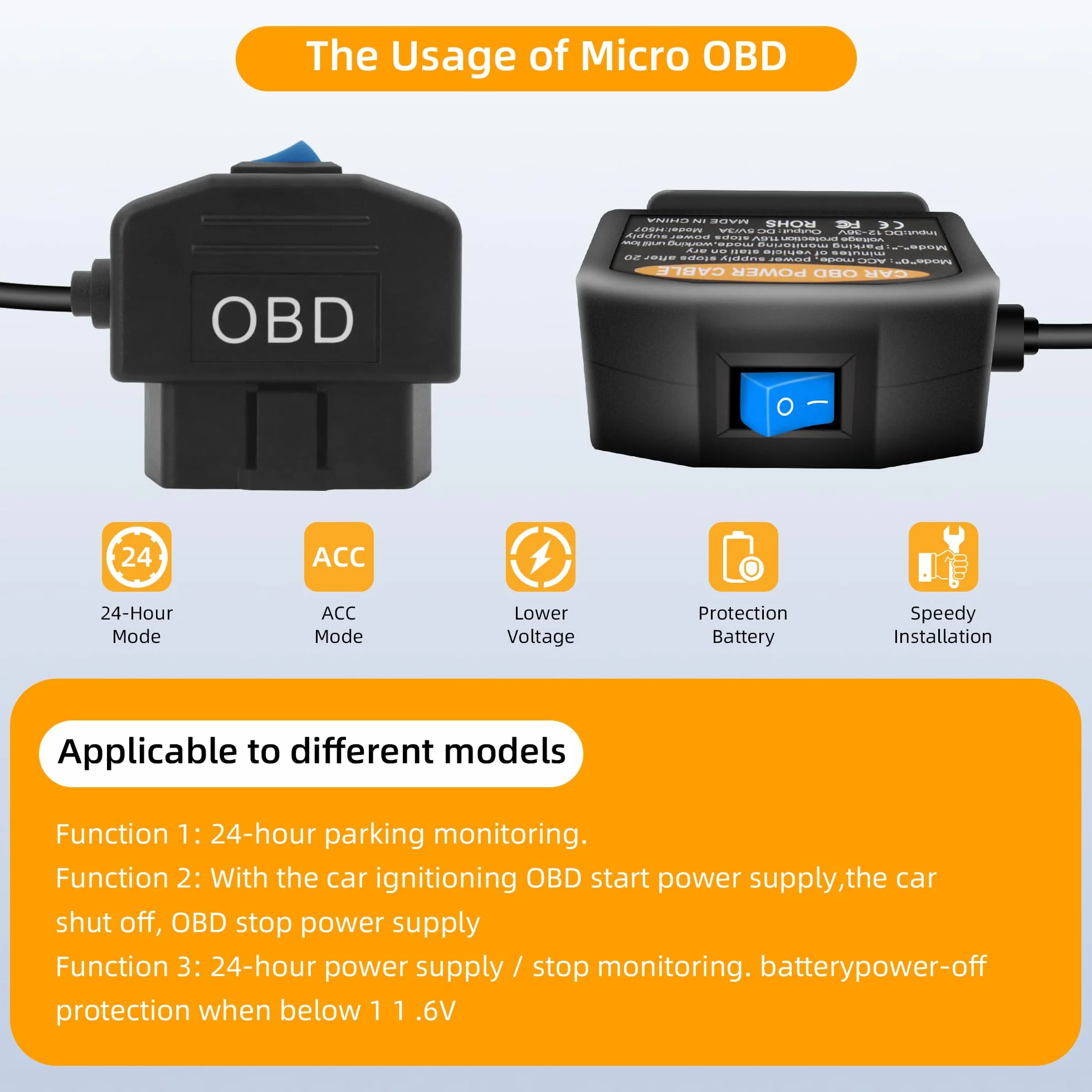 GELRHONR Kabel zasilający OBD USB C do pojazdów elektronicznych, kamery na deskę rozdzielczą, 12-24 V OBD2, zestaw Hardwire z przyciskiem przełącznika, 24-godzinny nadzór i tryb Acc 2