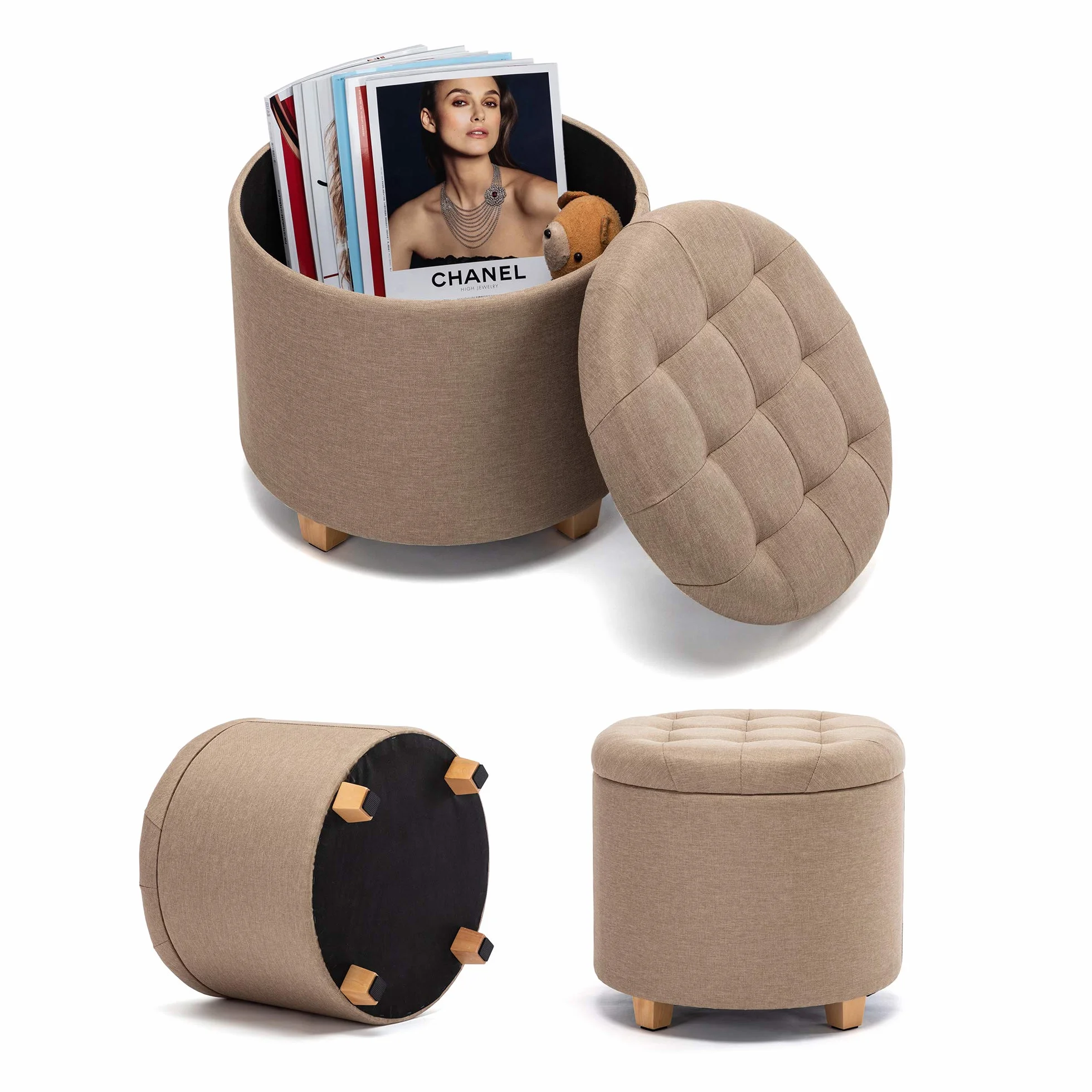 HNNHOME Okrągły lniany wyściełany podnóżek, pufy, krzesło z pokrywkami, 45 cm, beżowe