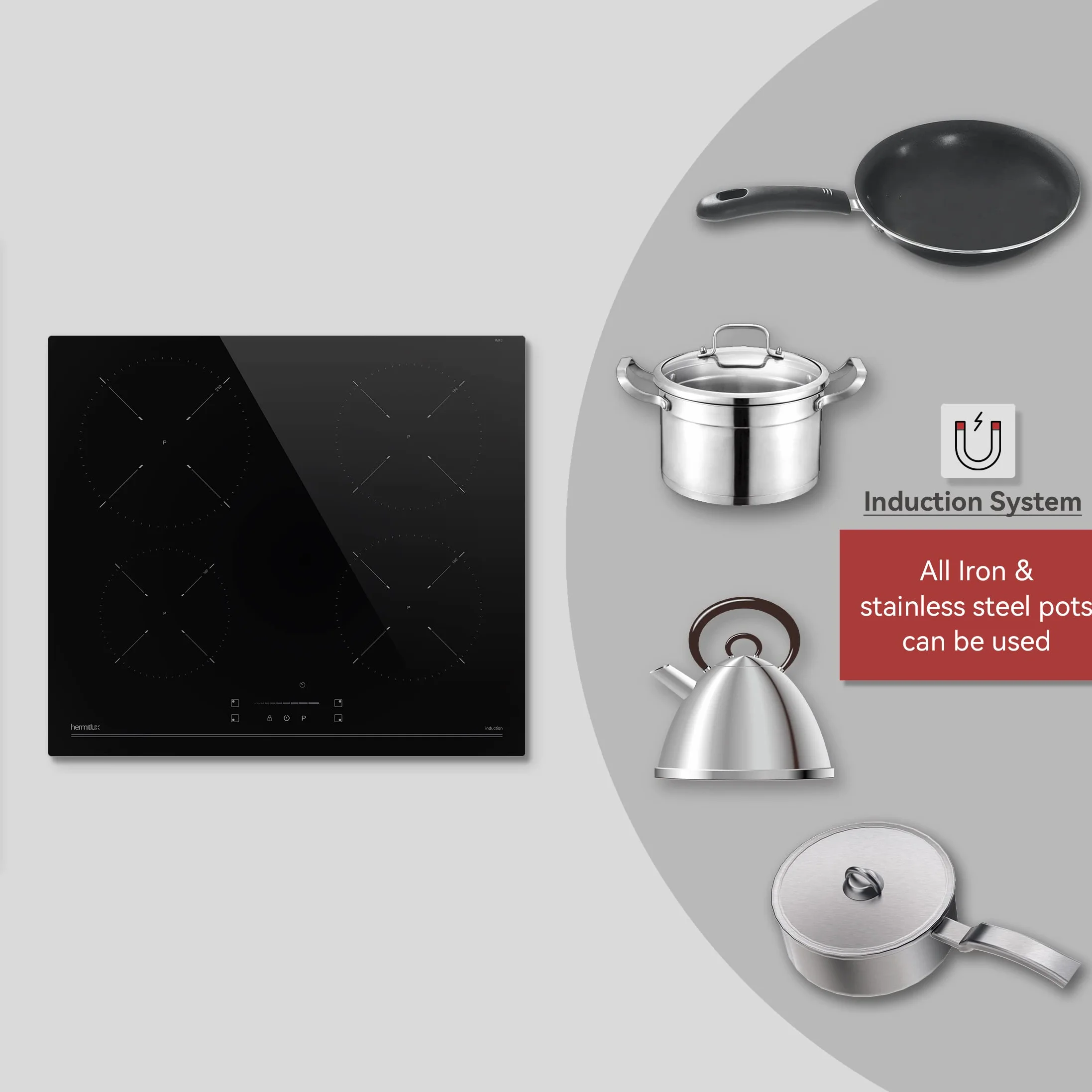 Hermitlux Płyta indukcyjna 60 cm, 7400W, wbudowana płyta kuchenna z 4 strefami gotowania, 9 poziomów mocy, odpowiednia do garnków z żelaza i stali nierdzewnej, brak wtyczki w zestawie