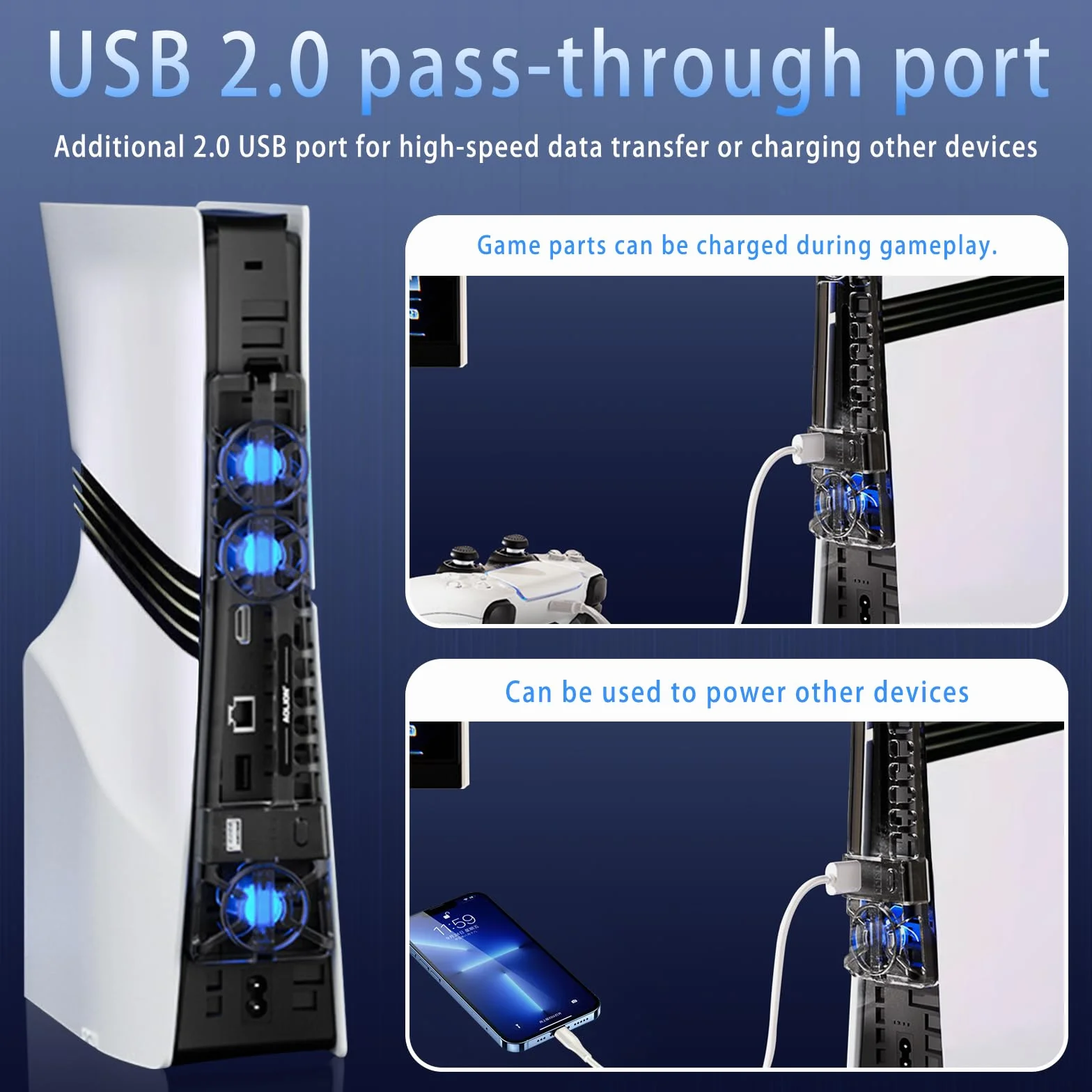 Akcesoria chłodzące do PS5 Pro/PS5 Slim wentylator chłodzący ze światłem LED i regulacją prędkości, automatyczne wykrywanie temperatury, dodatkowy port USB