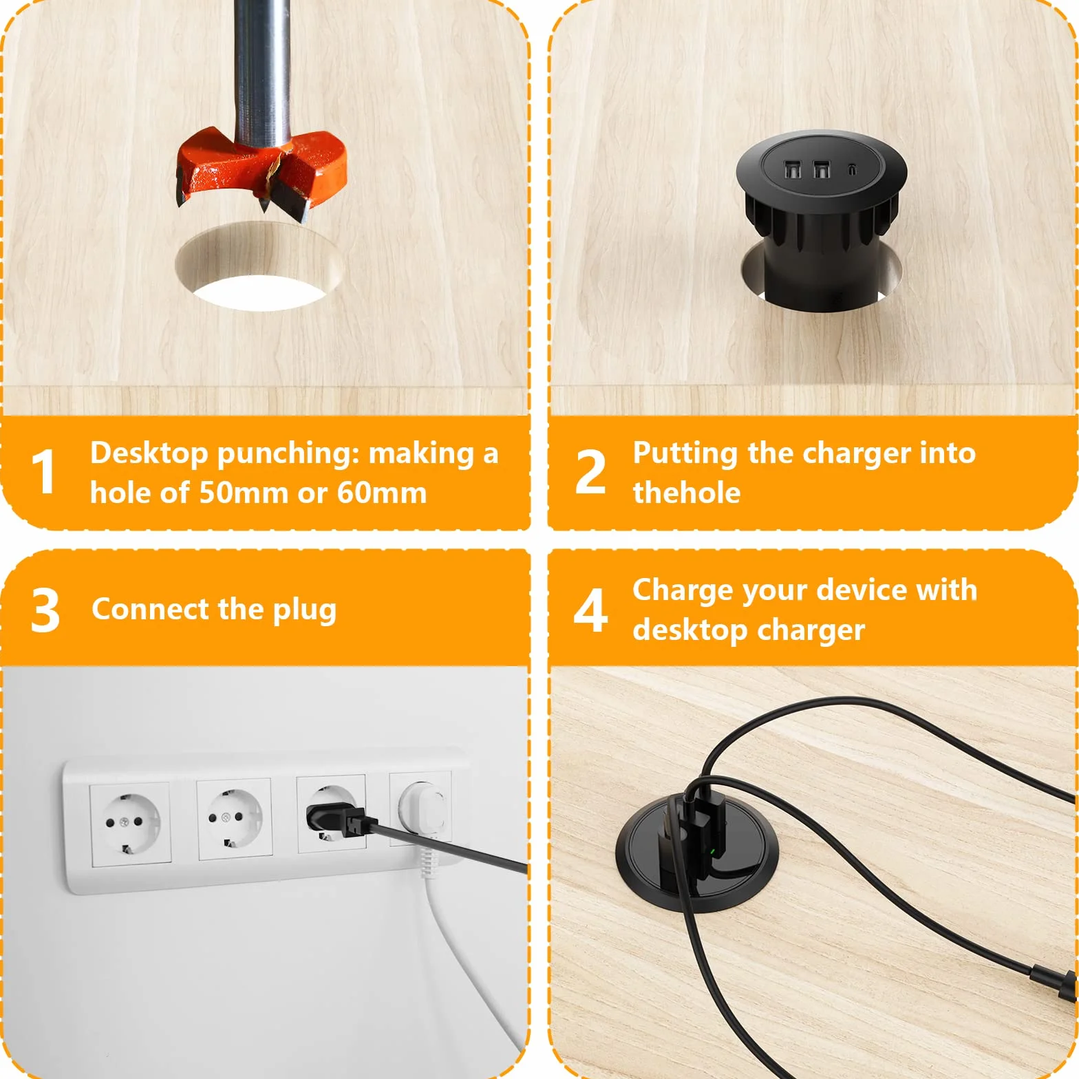 Hianjoo 45 W 3-portowe gniazdo USB do zabudowy, stacja ładująca USB do wielu urządzeń (2 x USB + 1 x typ C), ładowarka USB z wieloma portami, koncentrator USB, akcesoria biurkowe