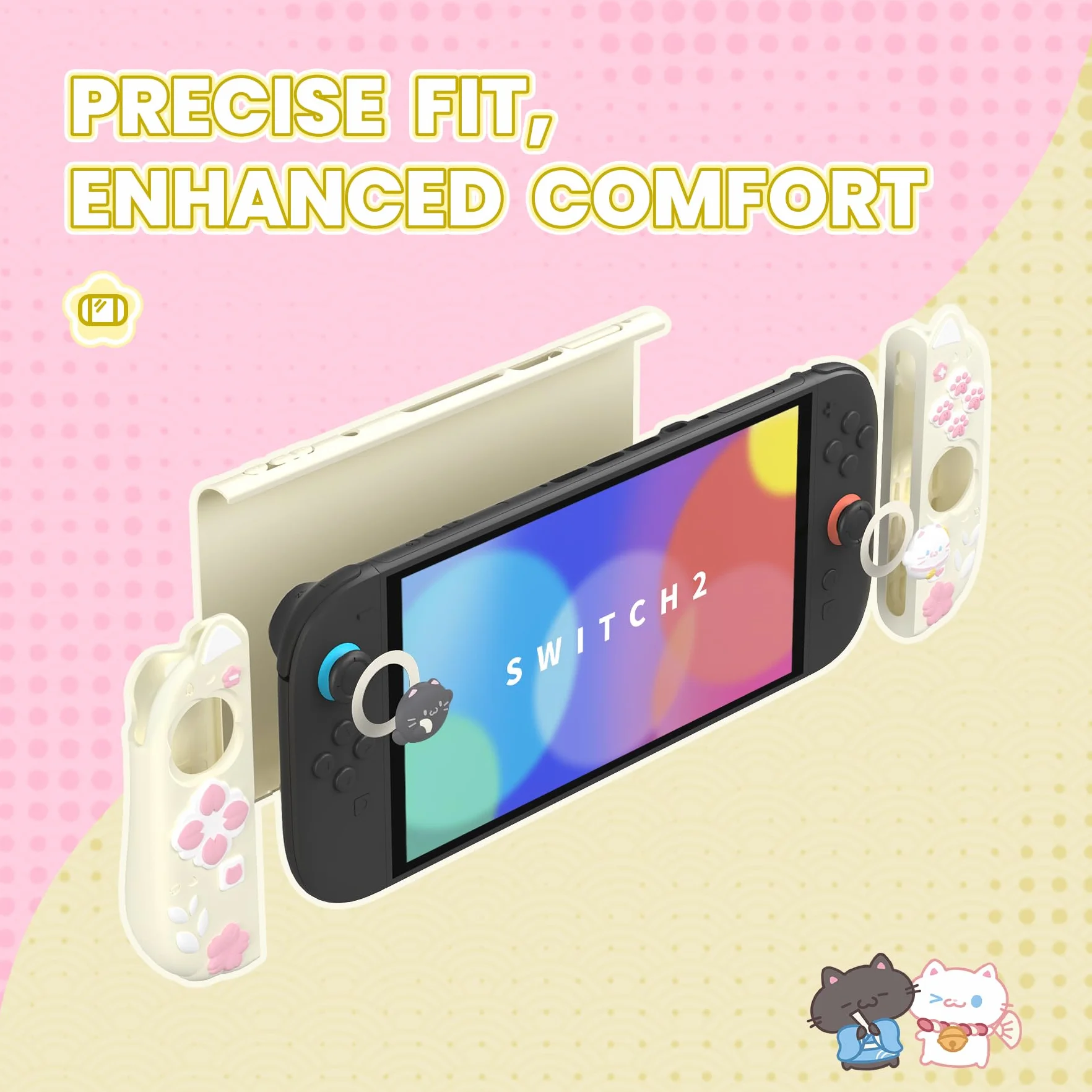 PlayVital Etui Ochronne do Switch 2 z Silikonowymi Uchwytami Joycon, Nakładkami Joysticki i Podstawką, Dockowalne, Żółty Antyczny Motyw Kociątko i Kwiaty Wiśni