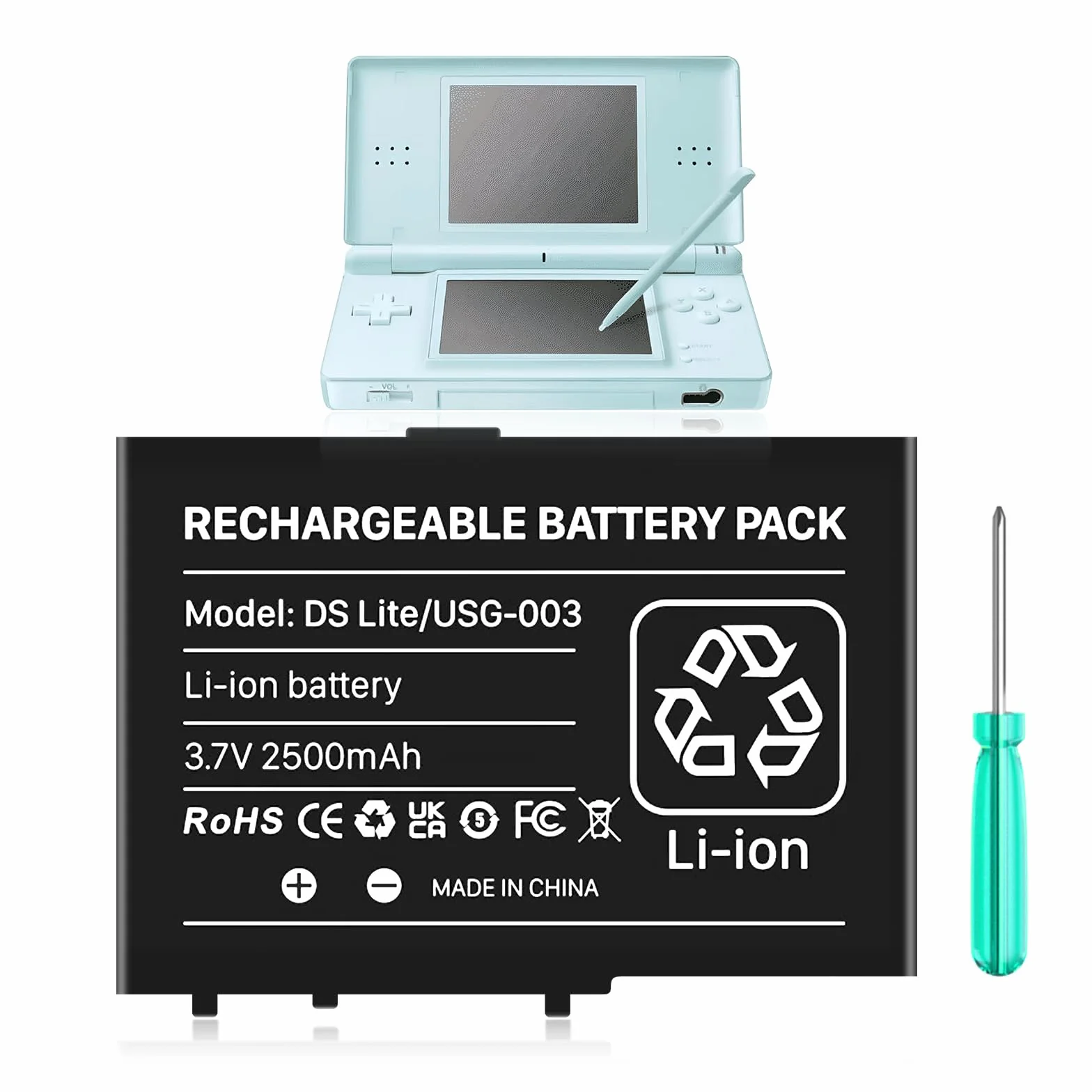 DSL NDSL Bateria USG-003, 2500 mAh 3,7 V akumulator litowo-jonowy wielokrotnego ładowania, kompatybilny z DS Lite NDS Lite + narzędzie do naprawy (nie nadaje się do DSi, DSi XL i DSi LL)