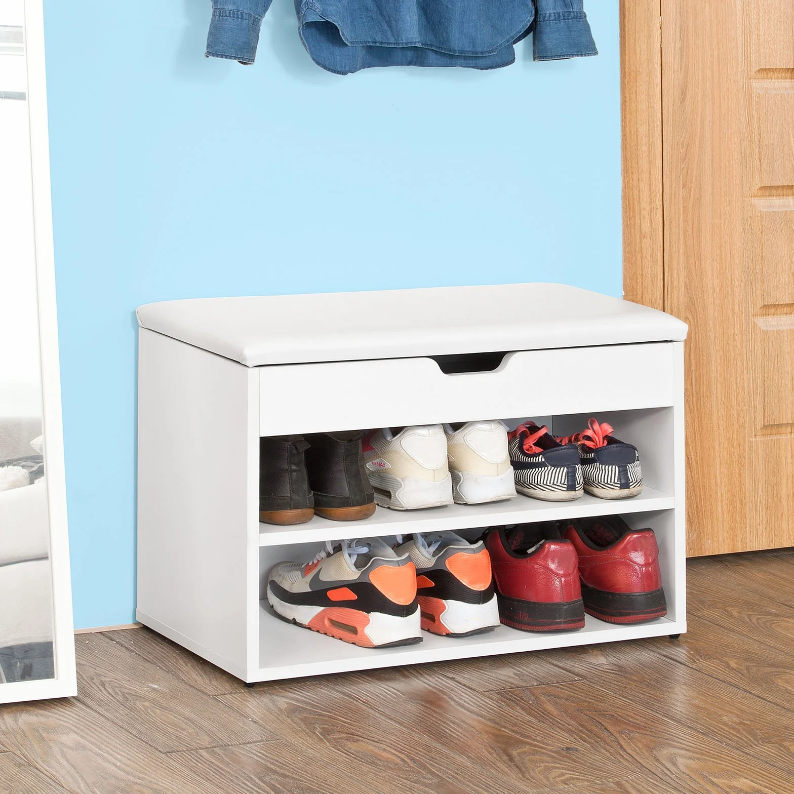 SoBuy Zestaw do garderoby ściennej, zestaw do przedpokoju, szafka na buty z siedziskiem, garderoba ścienna, biała FSR25-W+FRG48-W