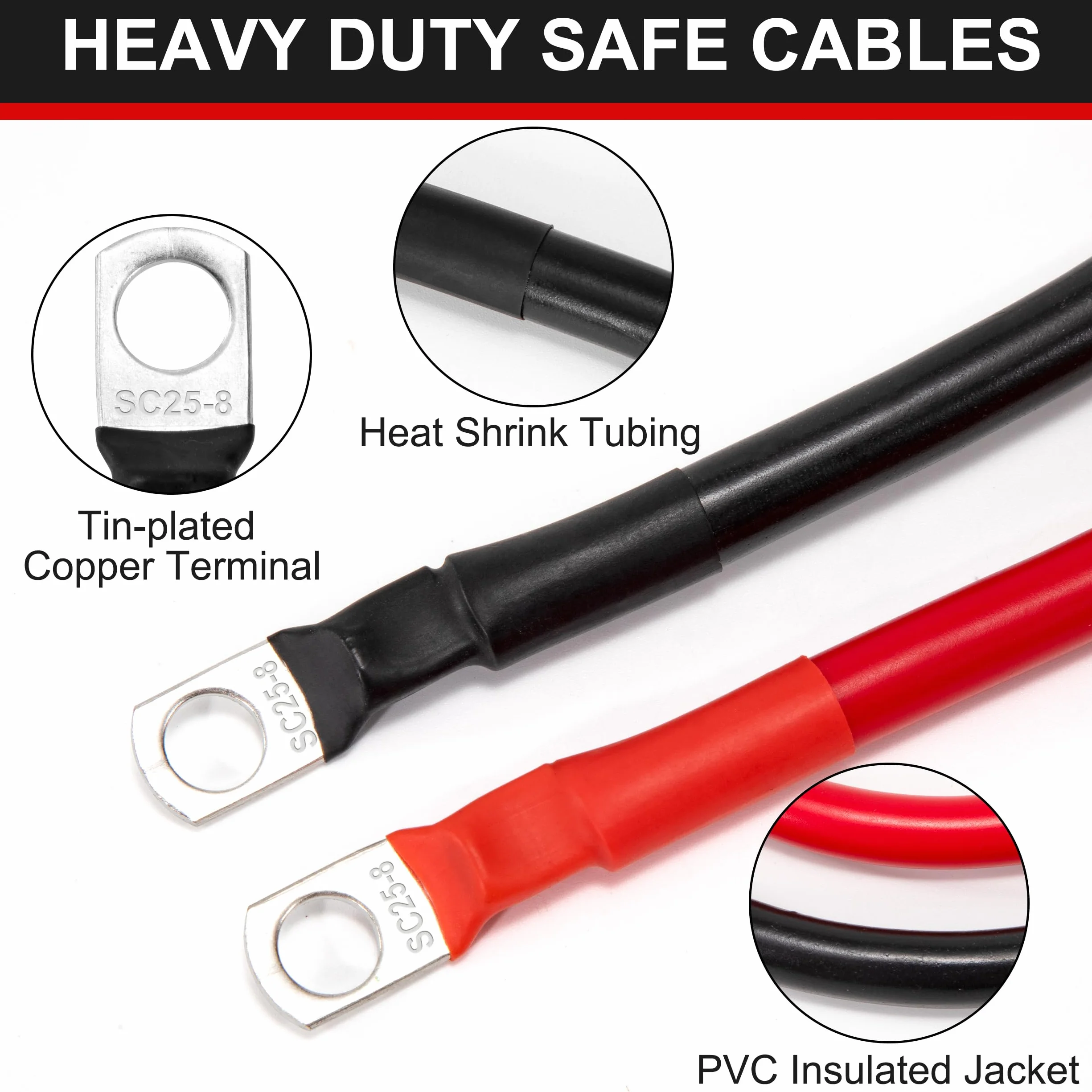 QIMEI-SHOP 2 x kabel do akumulatora samochodowego, 15 cm, 25 mm², kabel do akumulatora 3 AWG, 12 V, z M8, zaczepy, do samochodów ciężarowych, motocykli, morskich, słonecznych, czarny i czerwony