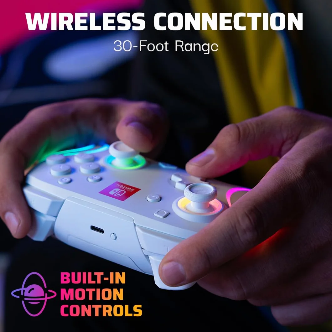 PDP Afterglow Wave Wireless Pro Controller for Nintendo Switch OLED, 8 RGB LED Zones, 30ft Range, 20H Battery White