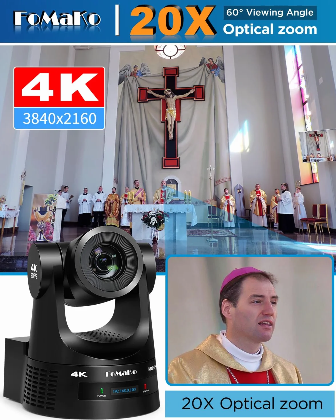 FoMaKo Kamera NDI PTZ 4K 60 kl./s, obsługuje wyjście NDI HX3 4K 60 kl./s, 20-krotny zoom optyczny, automatyczne śledzenie AI Gen 3, 3G-SDI/HDMI/NDI/USB/PoE, idealna do kultu kościoła i studia na żywo