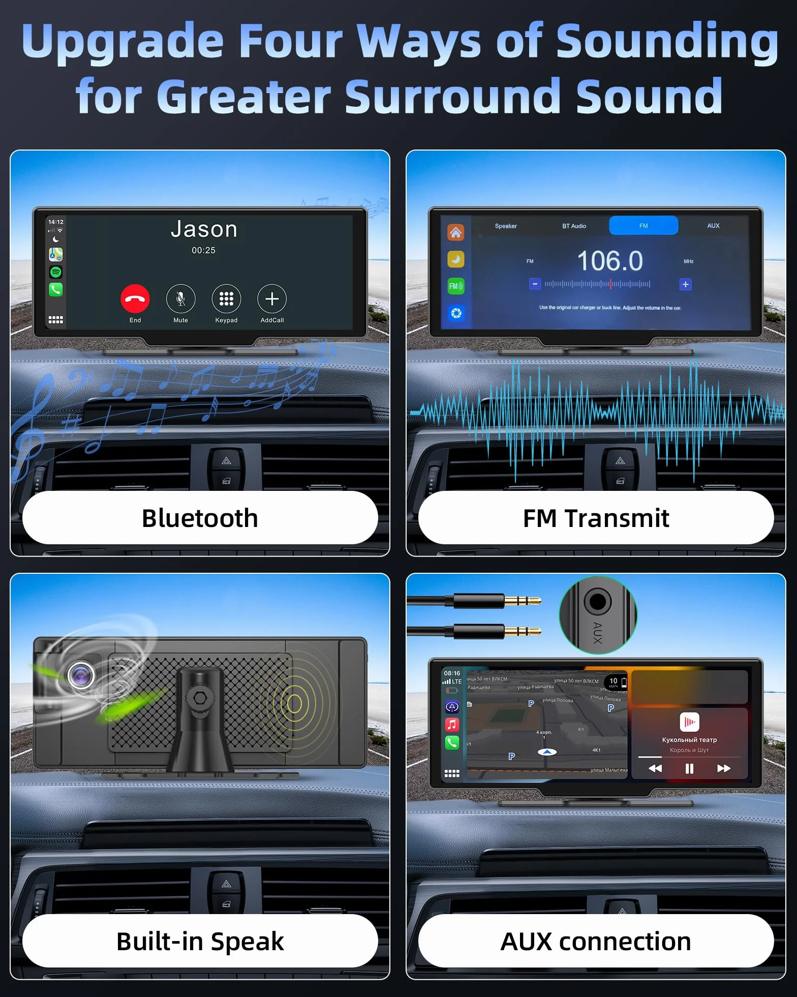 10,26-calowy wyświetlacz Apple Carplay Android Auto z regulowaną kamerą samochodową 2,5K Bezprzewodowy przedni tylny wyświetlacz Driveplay z kamerą cofania Radio samochodowe Carplay z Bluetooth 64G TF