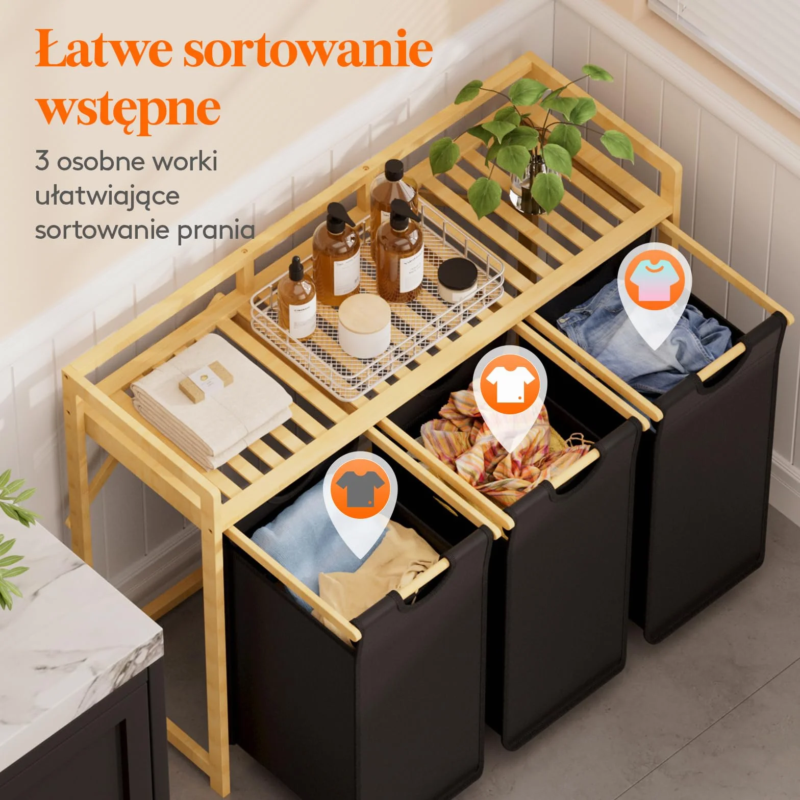 Lifewit Kosz na pranie z bambusową ramą, 150 l, z 3 przegródkami, zdejmowany pojemnik na pranie, bambusowy, 96, 2 x 33,4 x 72 cm, czarny