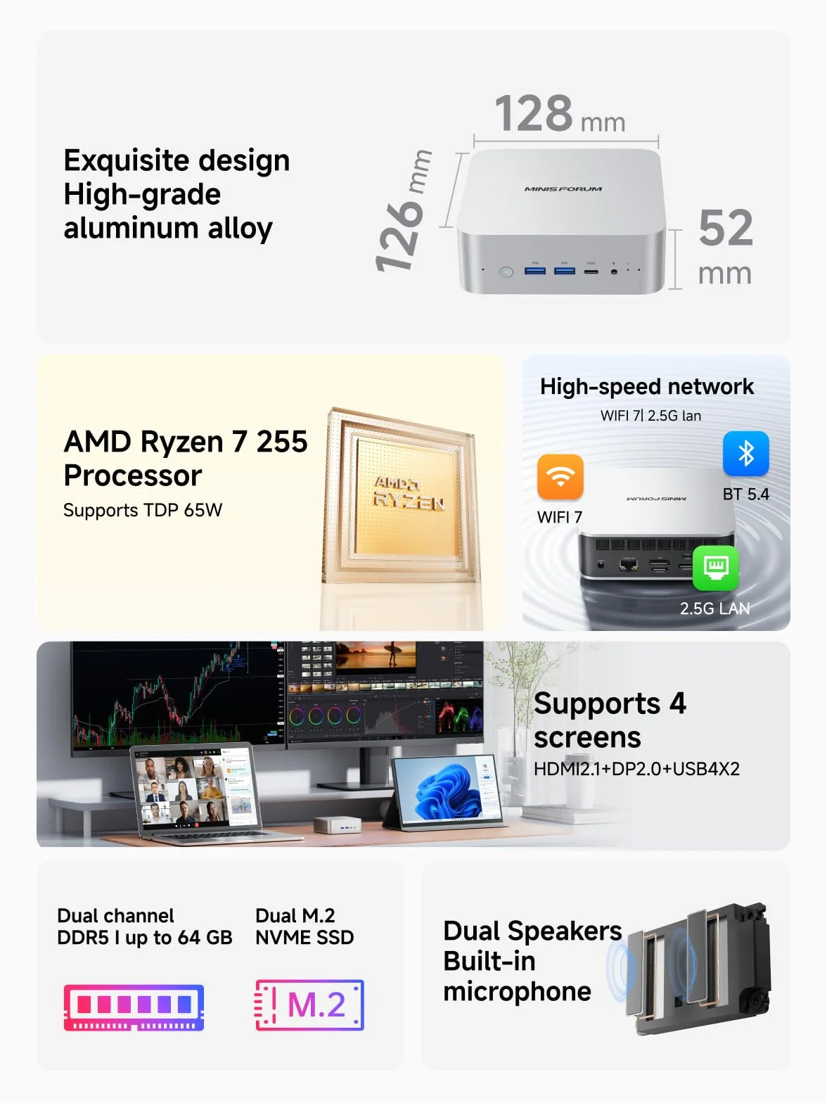 MINISFORUM AI X1-255 Mini PC, AMD Ryzen 7 255 (8C / 16T, do 4,9 GHz), HDMI/DP / USB4 (4K @ 120Hz), USBA X 3, 2.5G LAN, Wi-Fi 7 / BT5.4 (bez SSD/RAM)