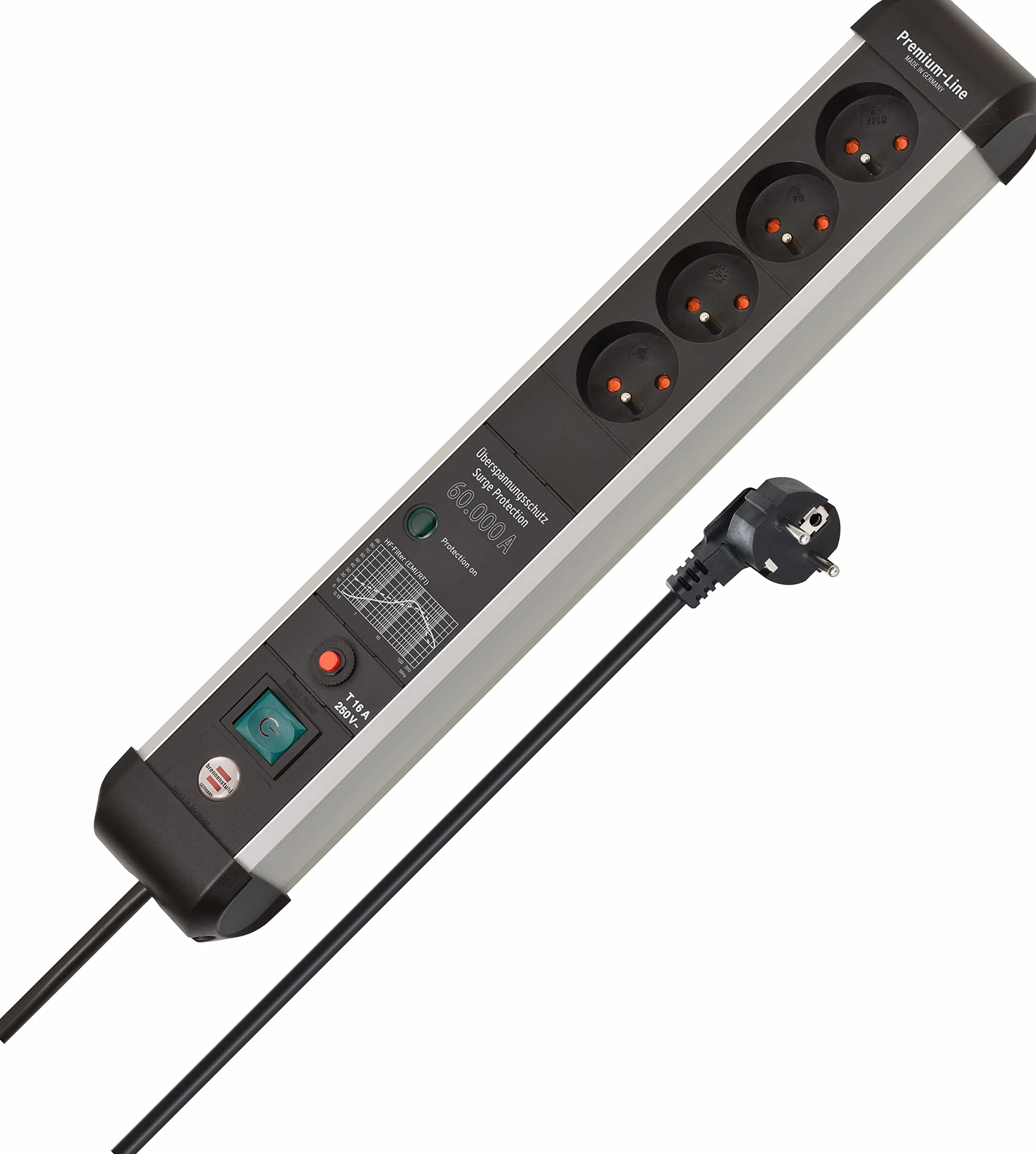 Brennenstuhl Premium-Protect-Line listwa zasilajaca 4-gniazda z ochrona przepieciowa 60.000 A (kabel 3m, z wylacznikiem, Made in Germany) srebrno/czarna