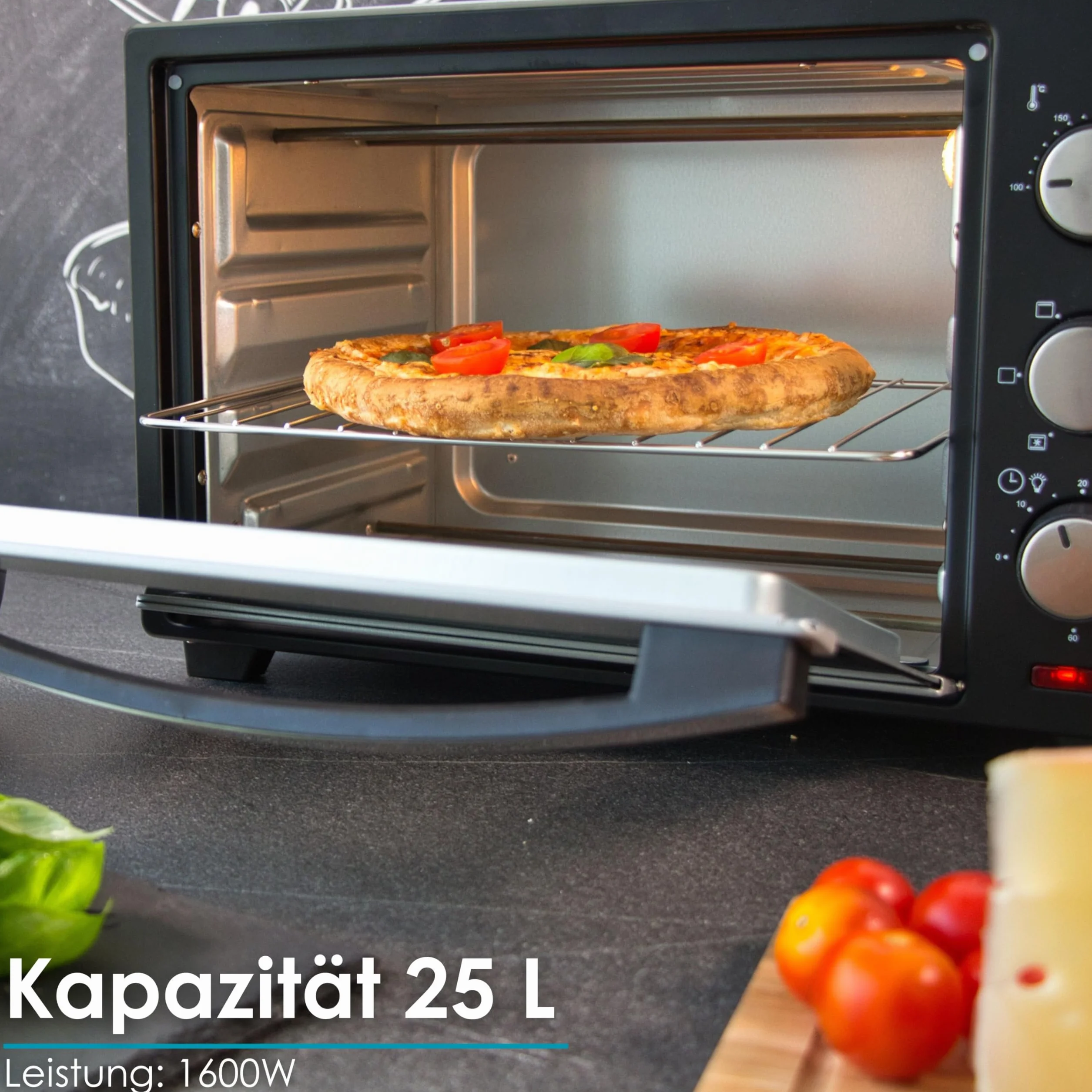 STEInBORG Mini piekarnik 25 l, piec do pizzy, piekarnik 3 w 1, mini piekarnik, blacha na okruchy, ogrzewanie górne/dolne, konwekcja, timer 60 min, 1600 W (25 litrów stali nierdzewnej)
