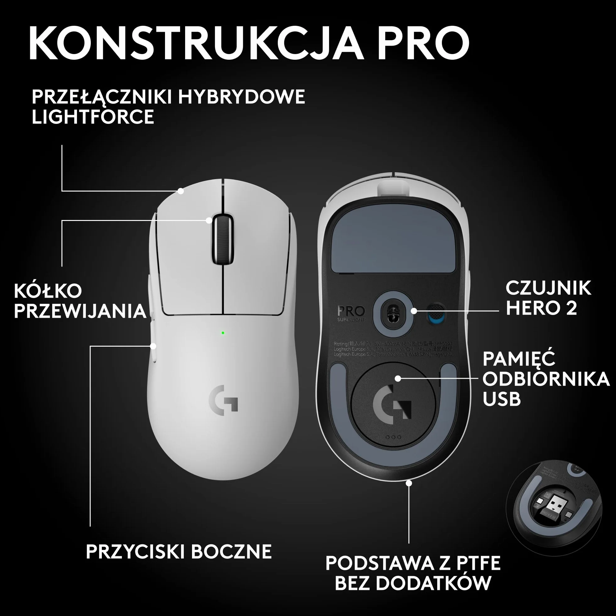 Logitech G PRO X SUPERLIGHT 2 SE Bezprzewodowa mysz do gier, 60g, 5 programowalnymi przyciskami, czujnikiem 44 tys. DPI, 888+ IPS, częstotliwością raportowania 1 kHz, ładowanie USB-C, PC/Mac- Biały