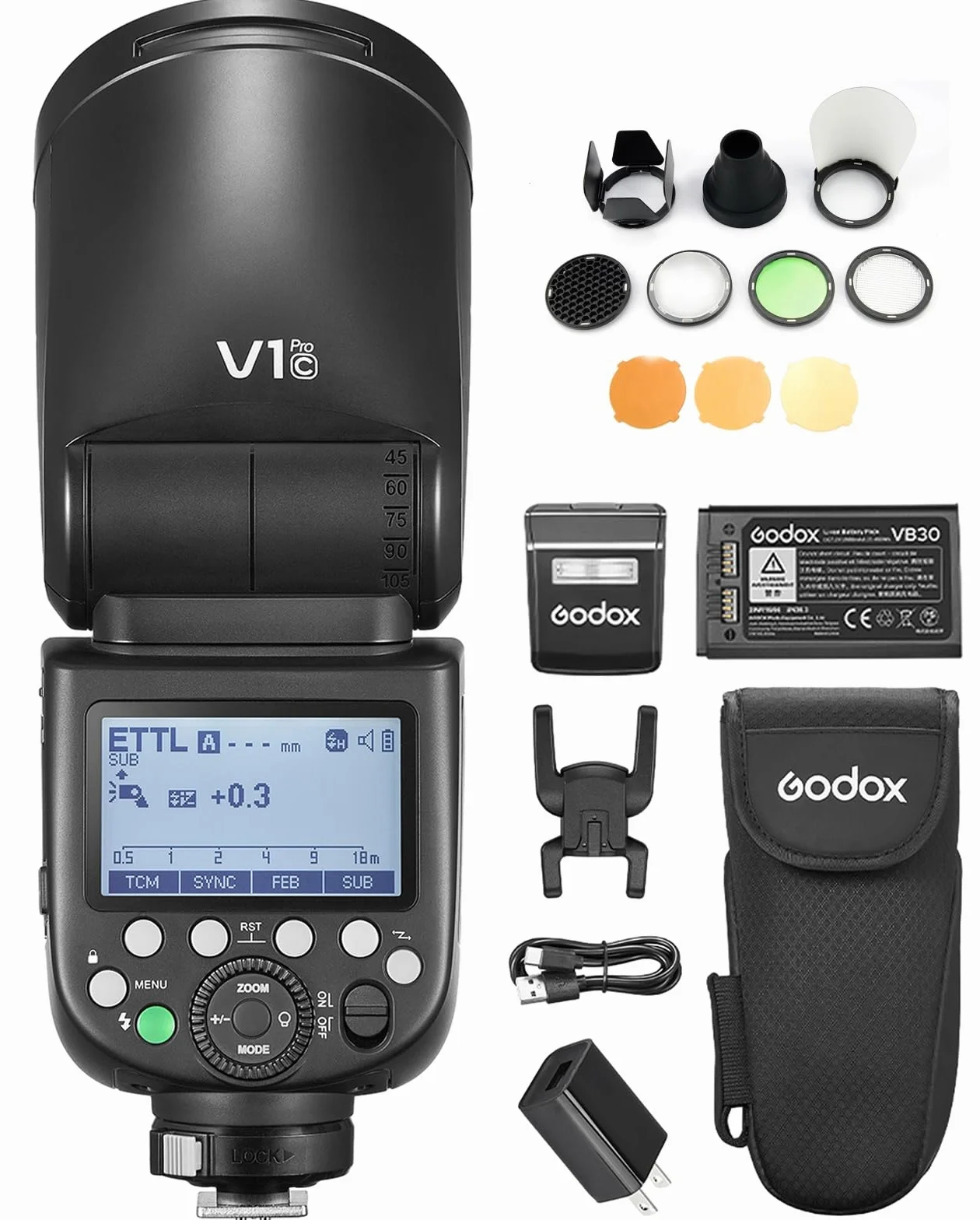 GODOX V1PROC bezprzewodowa lampa błyskowa AK-R1 zestaw + 24 żeliennych błyskówek 1/8000 s HSS, tryb M/TTL-flash, 1,3 s ładowanie, typ C, kompatybilne z Canon EOS