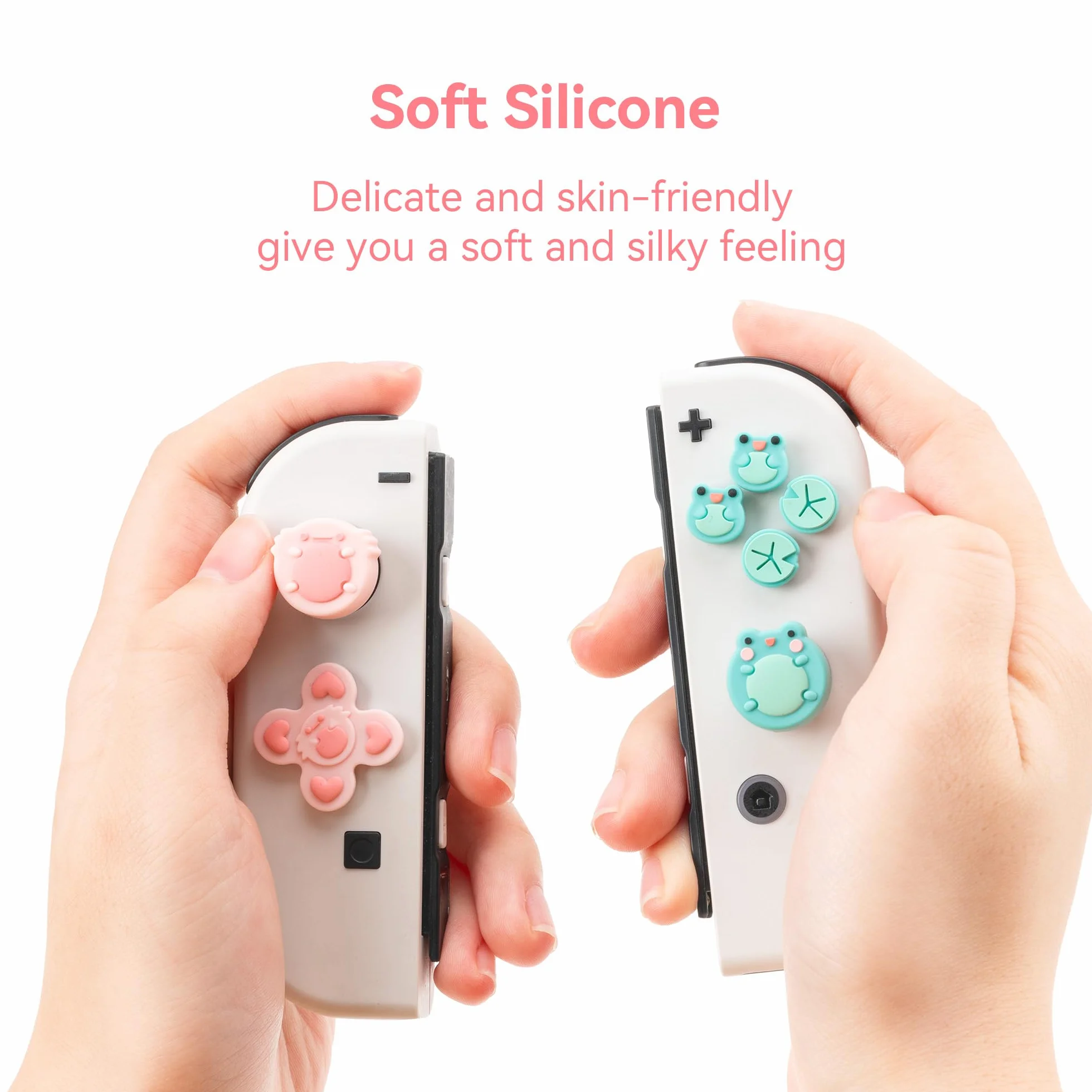 GeekShare Silikonowe przyciski ABXY Naklejki Joystick Cover Caps, Cross D-Pad Button Caps Silikonowe uchwyty na kciuki Zestawy kompatybilne z Switch/OLED - Frog & Axolotl