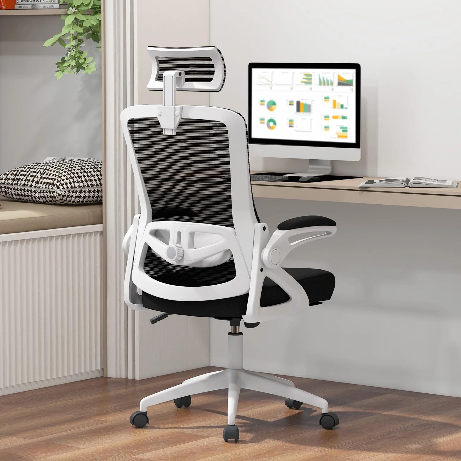 COSTWAY Ergonomiczne krzesło biurowe z regulowanym podparciem lędźwiowym i zagłówkiem, ze składanymi podłokietnikami i wysokim oparciem, obrotowe krzesło komputerowe z funkcją przechylania (białe)