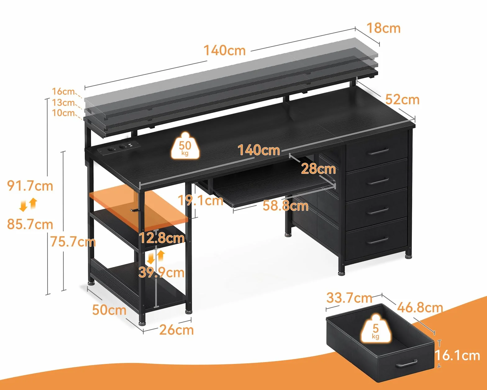 ODK Nowoczesne czarne biurko 140 x 52 x 92 cm, stół konferencyjny z 4 szufladami, port ładowania USB i gniazdo, do domowego biura