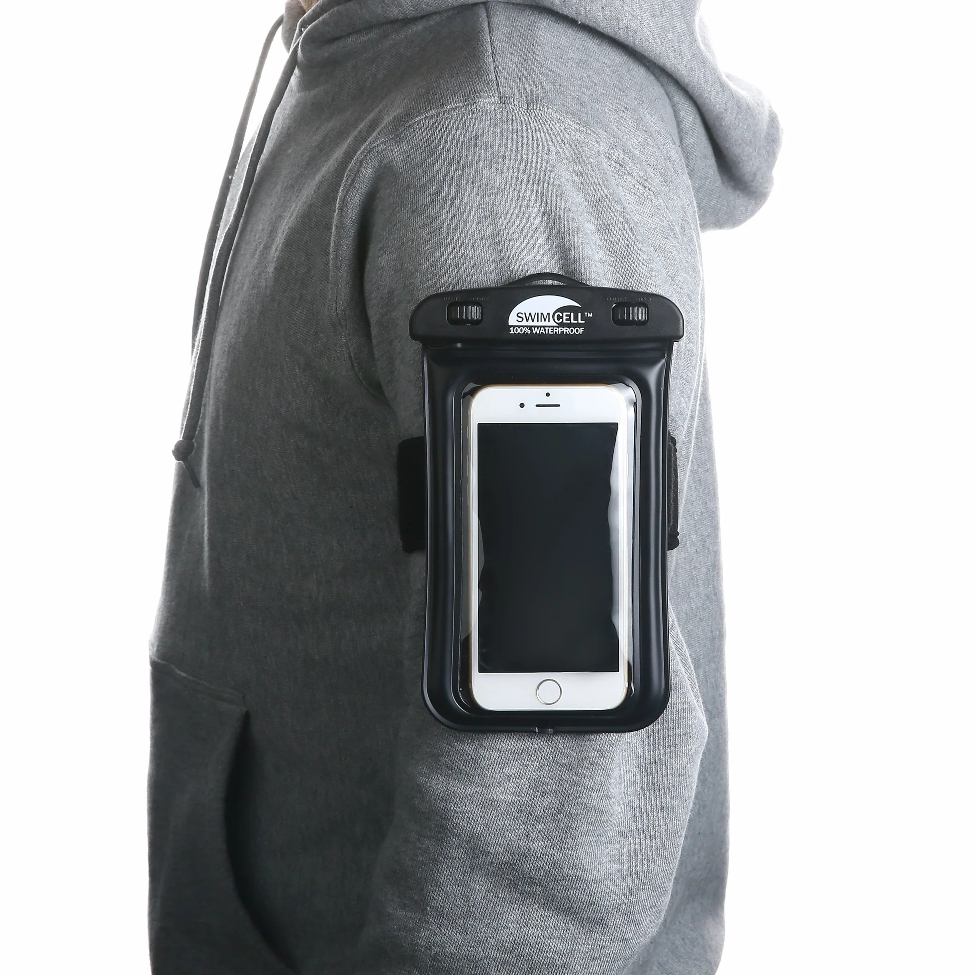 Wodoodporny uchwyt na telefon etui na ramię do pływania, biegania, chodzenia bez gniazda na słuchawki. Pasuje do telefonów o standardowym rozmiarze do 15 cm - iPhone, Samsung, Android. Regulowana