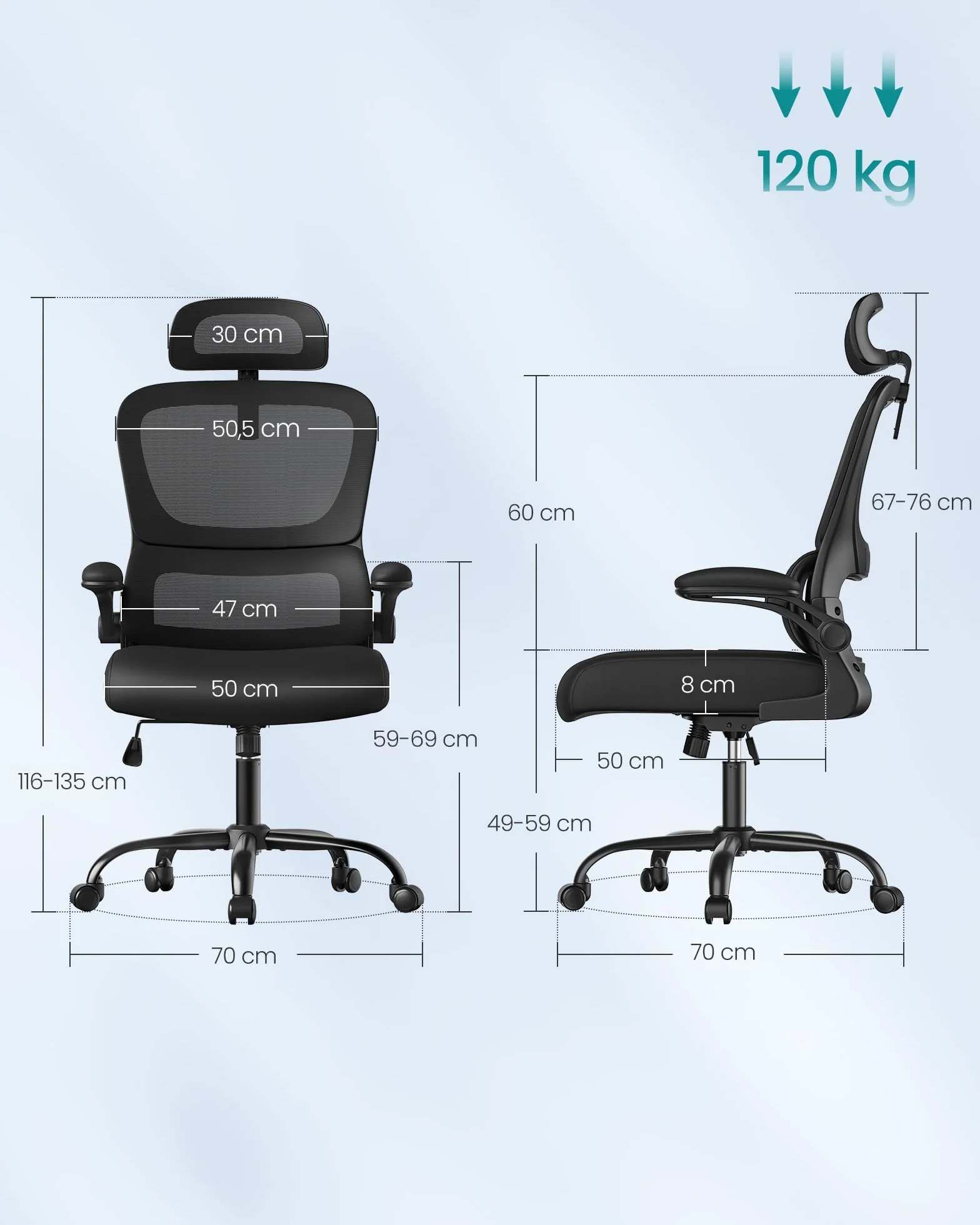 SONGMICS Krzesło biurowe, ergonomiczne krzesło biurowe, oddychająca dwuwarstwowa tkanina siatkowa, regulowane podparcie lędźwiowe, regulowane zagłówki, do domowego biura, czarny tusz OBN041B01