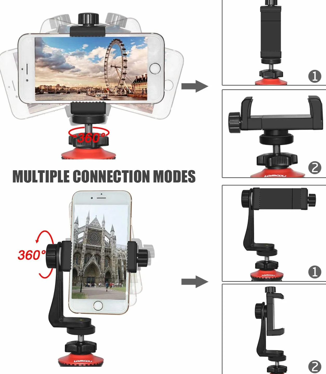 Lammcou Adapter do montażu na statywie dla smartfona, regulowany zacisk do telefonu na monopod kij do selfie 10.9-16.5 cm