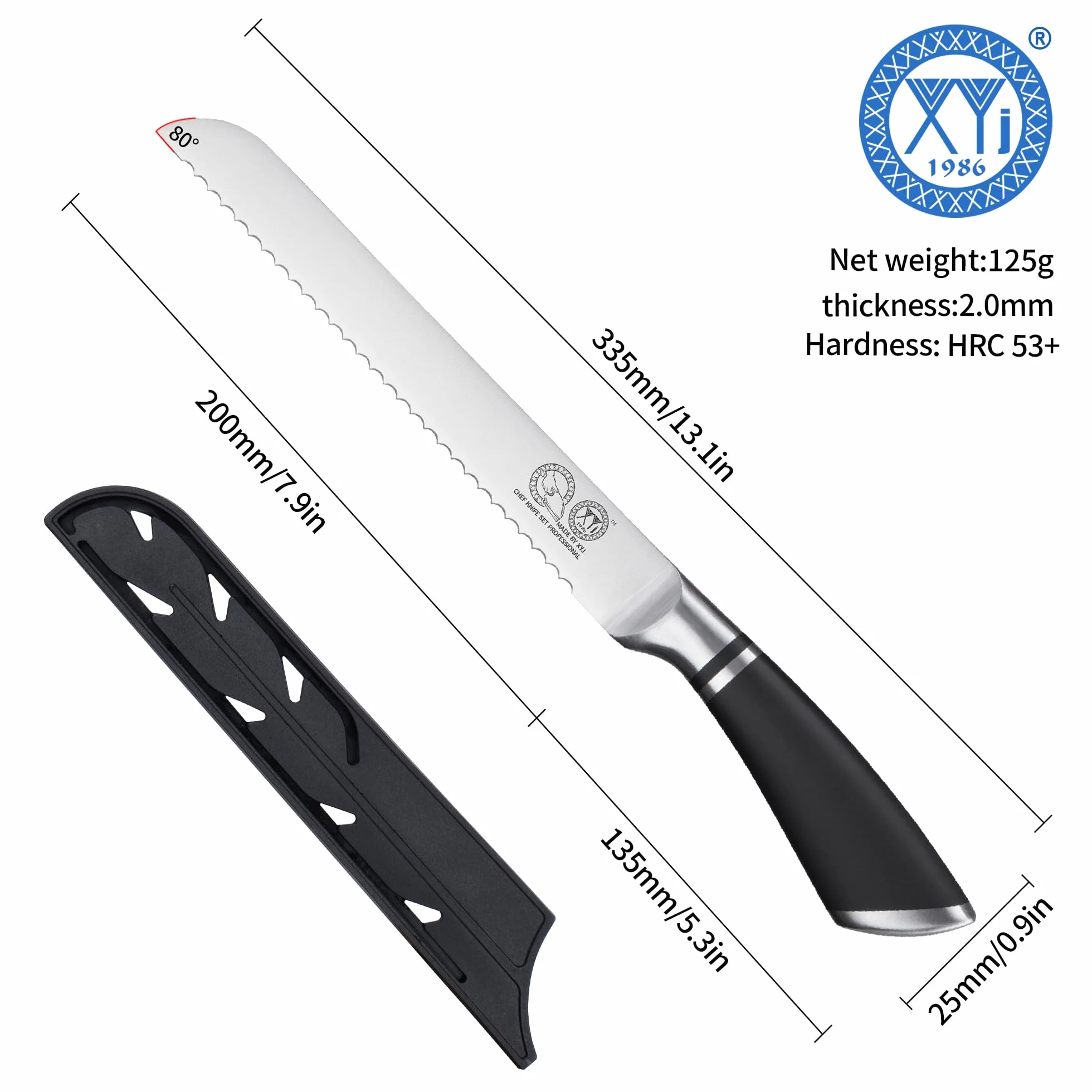XYJ Authentic Since 1986, Serrated 8 Inch Stainless Steel Ultra Sharp Bread Knife, Ergonomic Handle, Kitchen Knife with Sheath
