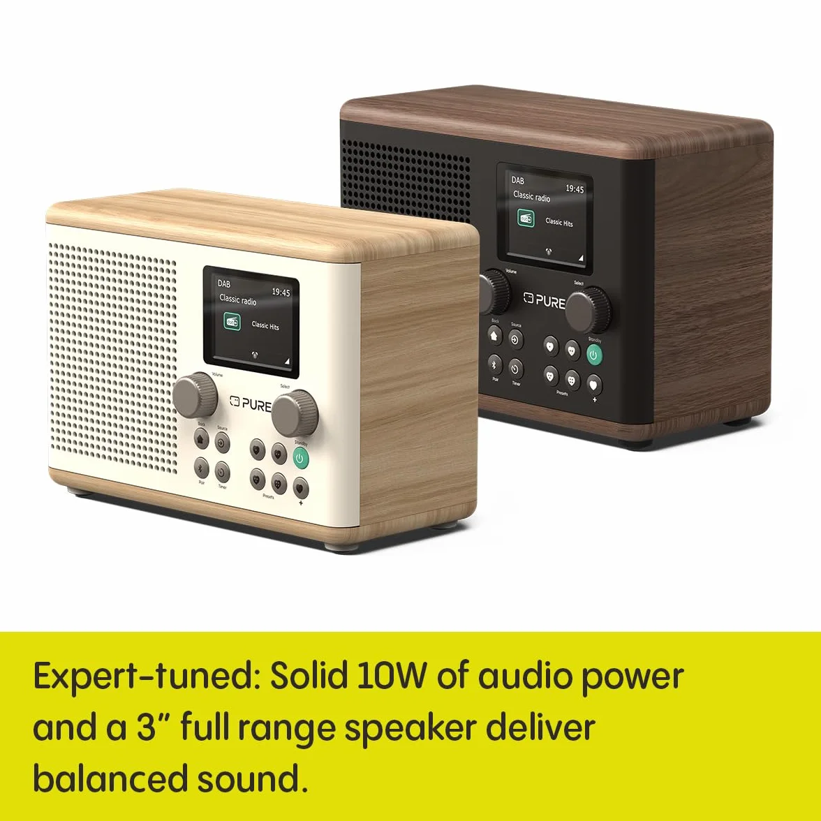 Pure Klasyczne cyfrowe radio kuchenne H4 (Dab+/FM, Bluetooth, USB, AUX, zegar kuchenny, alarm), biała bawełna/dąb