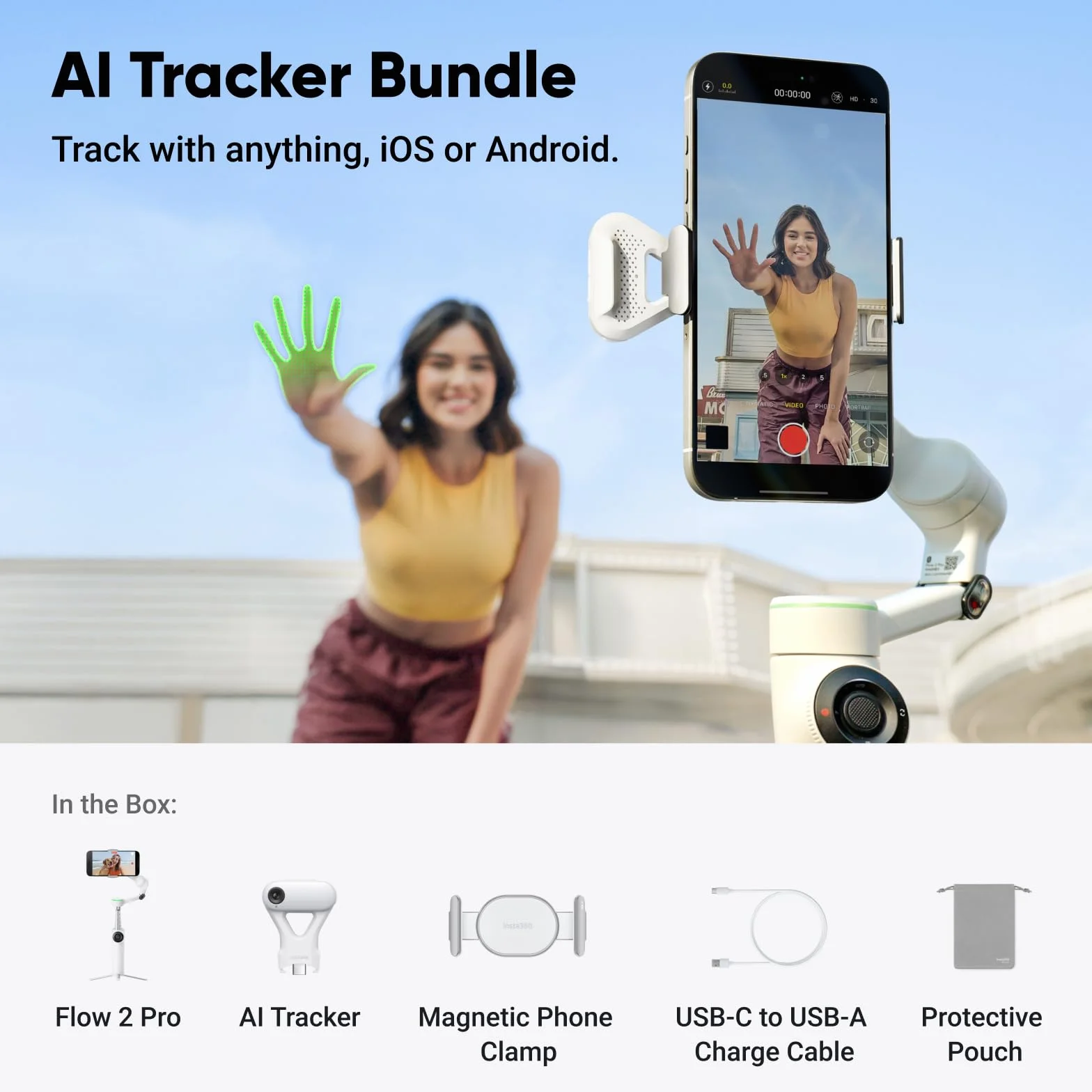 Insta360 Flow 2 Pro AI Tracker-Bundle biały – pierwszy gimbal do smartfona z AI z Apple DockKit, inteligentne śledzenie panoramowania o 360°, swobodne nachylenie, zintegrowany statyw/kijek do selfie