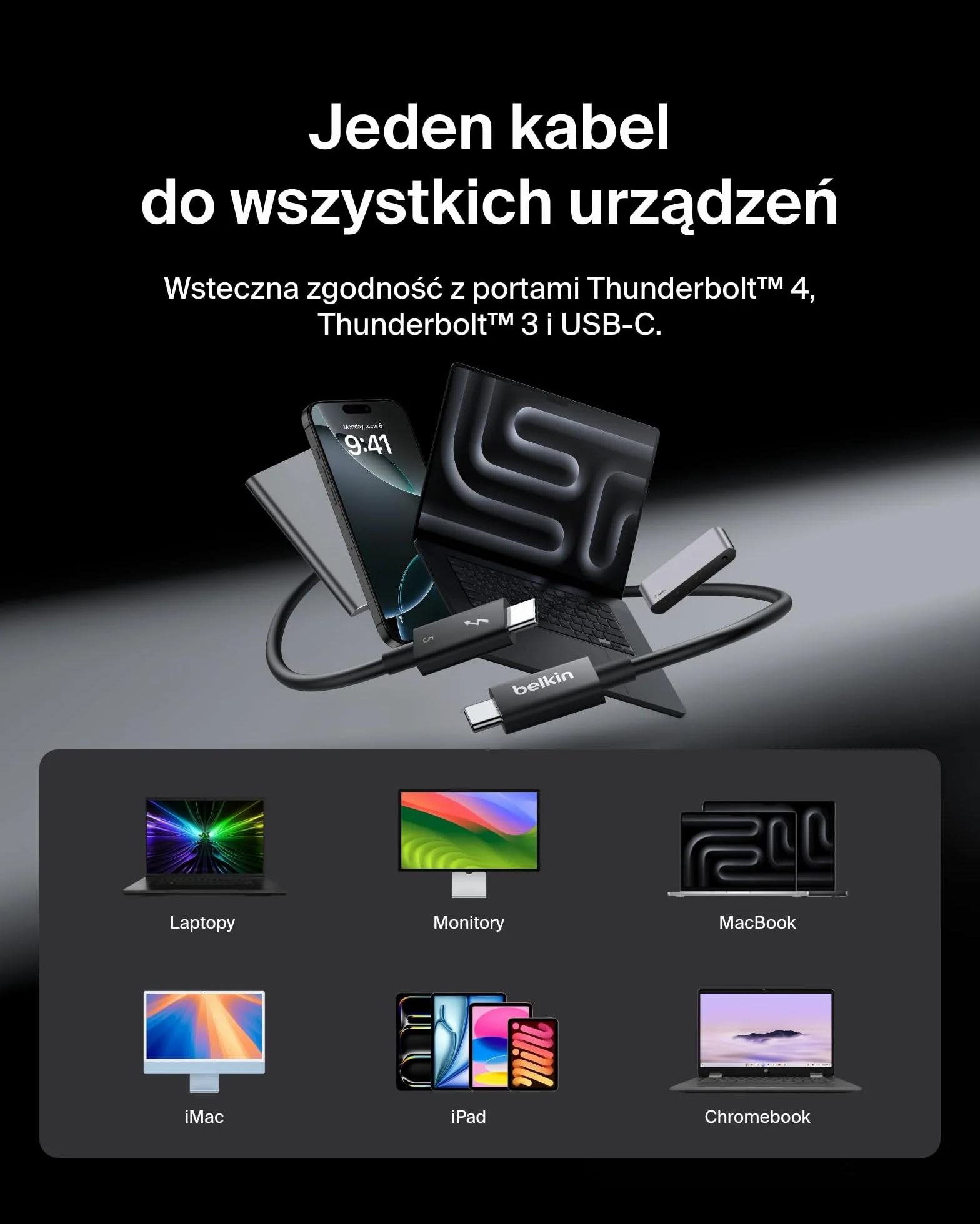 Belkin Kabel USB-C Thunderbolt 5 240 W PD, Bandwidth Boost do 120 Gb/s, 3 razy szybsza transmisja danych, rozdzielczość 4K UHD, 1 m – kabel USB-C do szybkiego ładowania z certyfikatem Intel – czarny