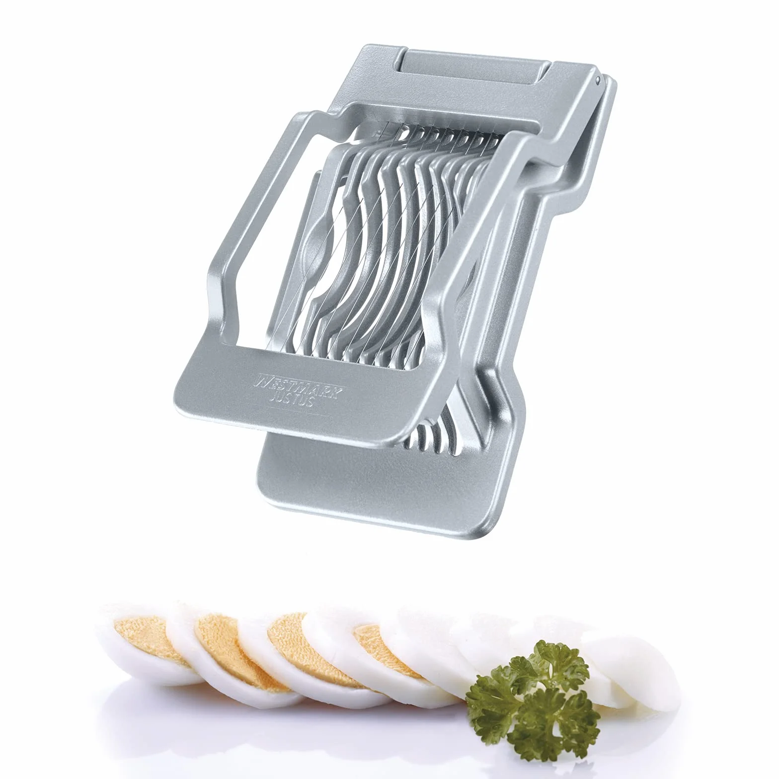 Westmark Krajalnica do jajek, Kroi na okrągłe i owalne plasterki, Osobno naciągane druciane struny ze stali nierdzewnej, Aluminium/Stal nierdzewna, Justus, Szara, 10402260