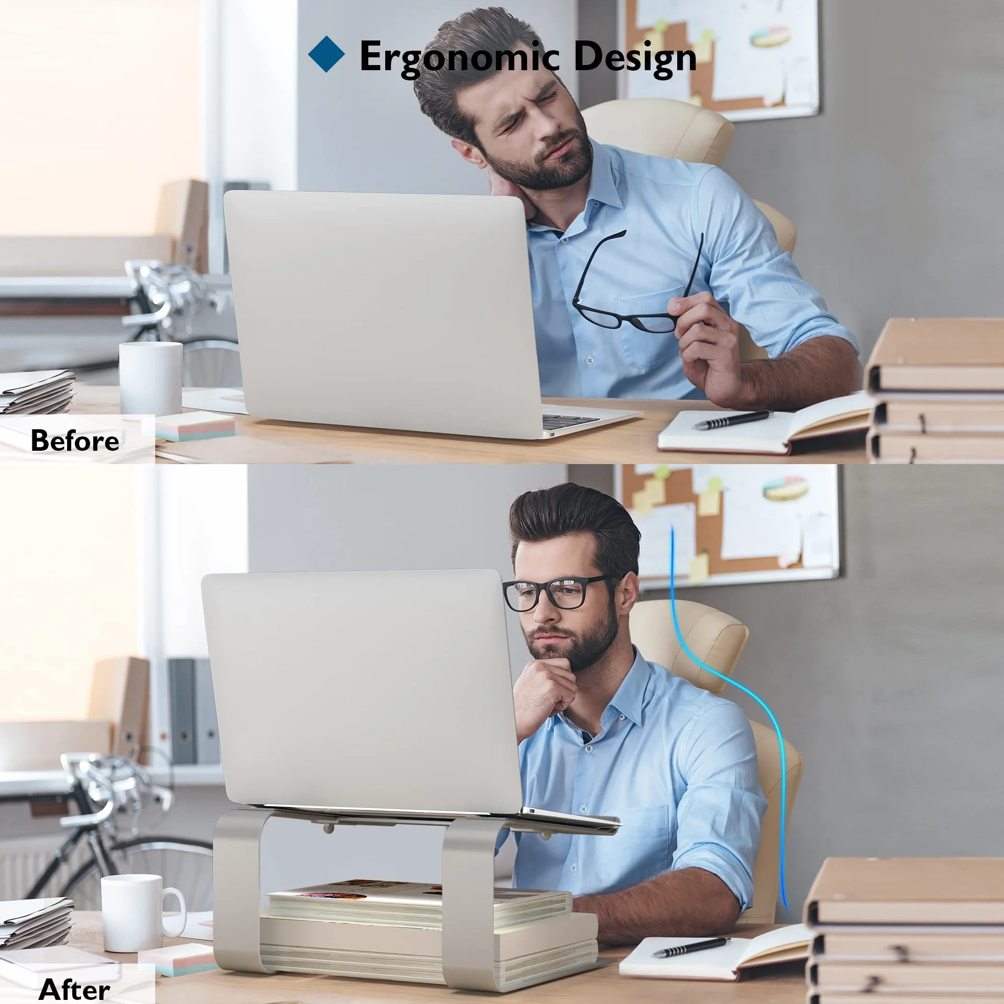 BONTEC Stojak na Laptopa Ergonomiczny, Regulowana Wysokość do 14 cm, Kompatybilny z Laptopami 10-17,3", Stojak Riser na Biurko z Odprowadzaniem Ciepła, Srebrny, Zwiększa Komfort i Poprawia Postawę