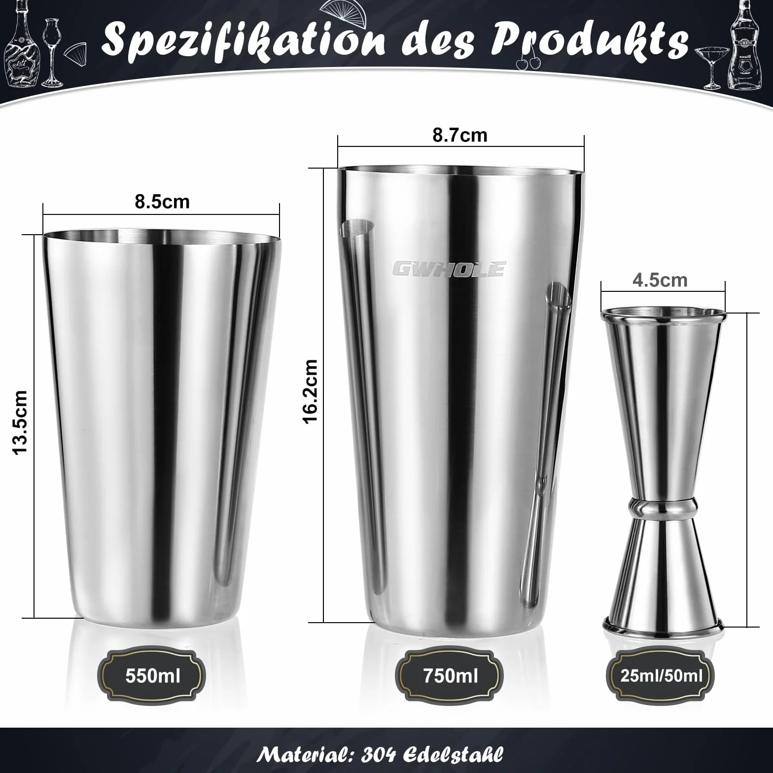 GWHOLE Zestaw do koktajli 750ml ze stali nierdzewnej 304, zestaw do koktajli, shaker do koktajli Boston, mikser, zestaw barmana, akcesoria barowe z miarką 550ml, do domu, na imprezę, prezent