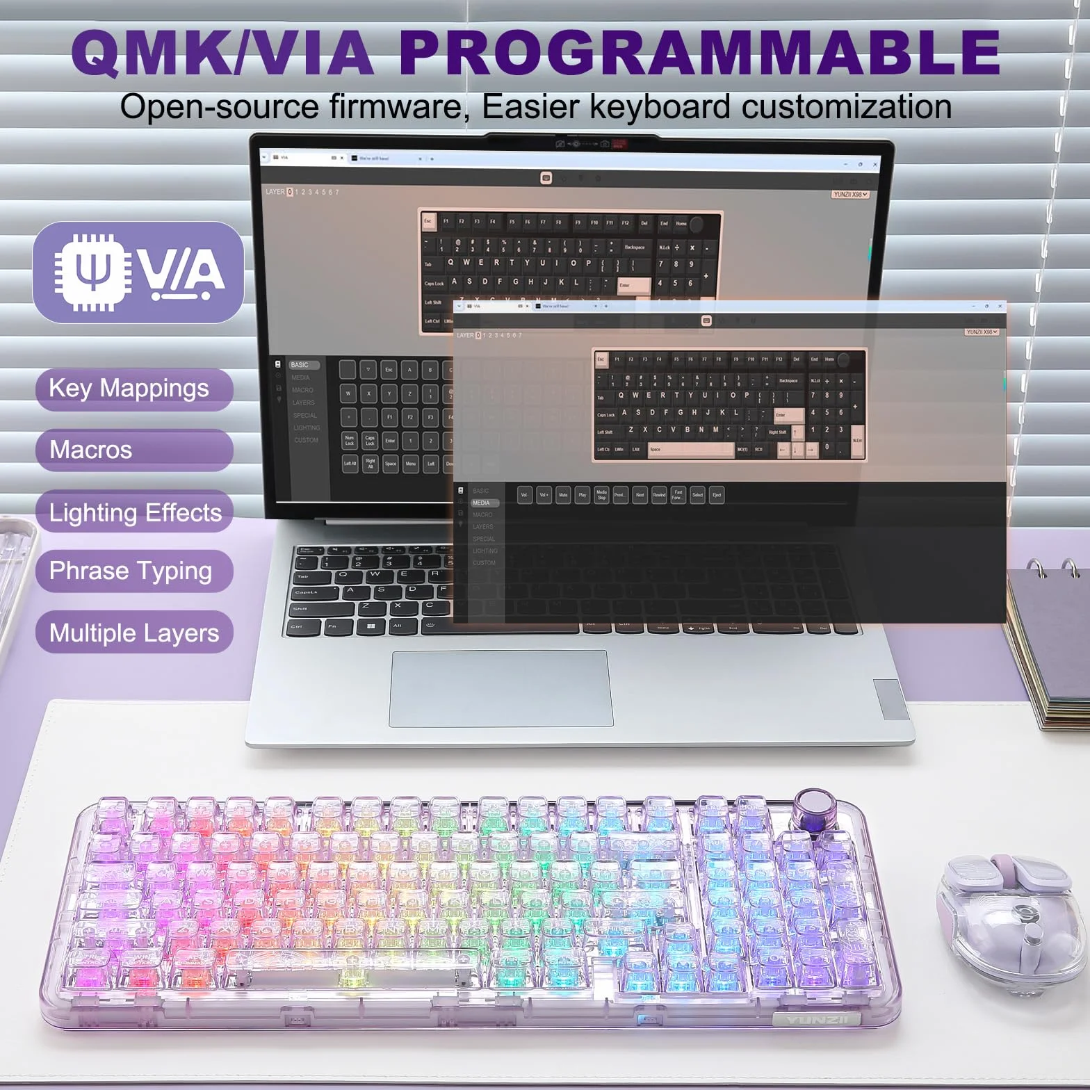YUNZII X98 QMK/VIA Bezprzewodowa mechaniczna klawiatura do gier z pokrętłem, trójtrybowa BT5.0/USB-C/2,4 GHz, wstępnie nasmarowane przełączniki, mocowanie uszczelki (Fioletowy, Crystal Switch)