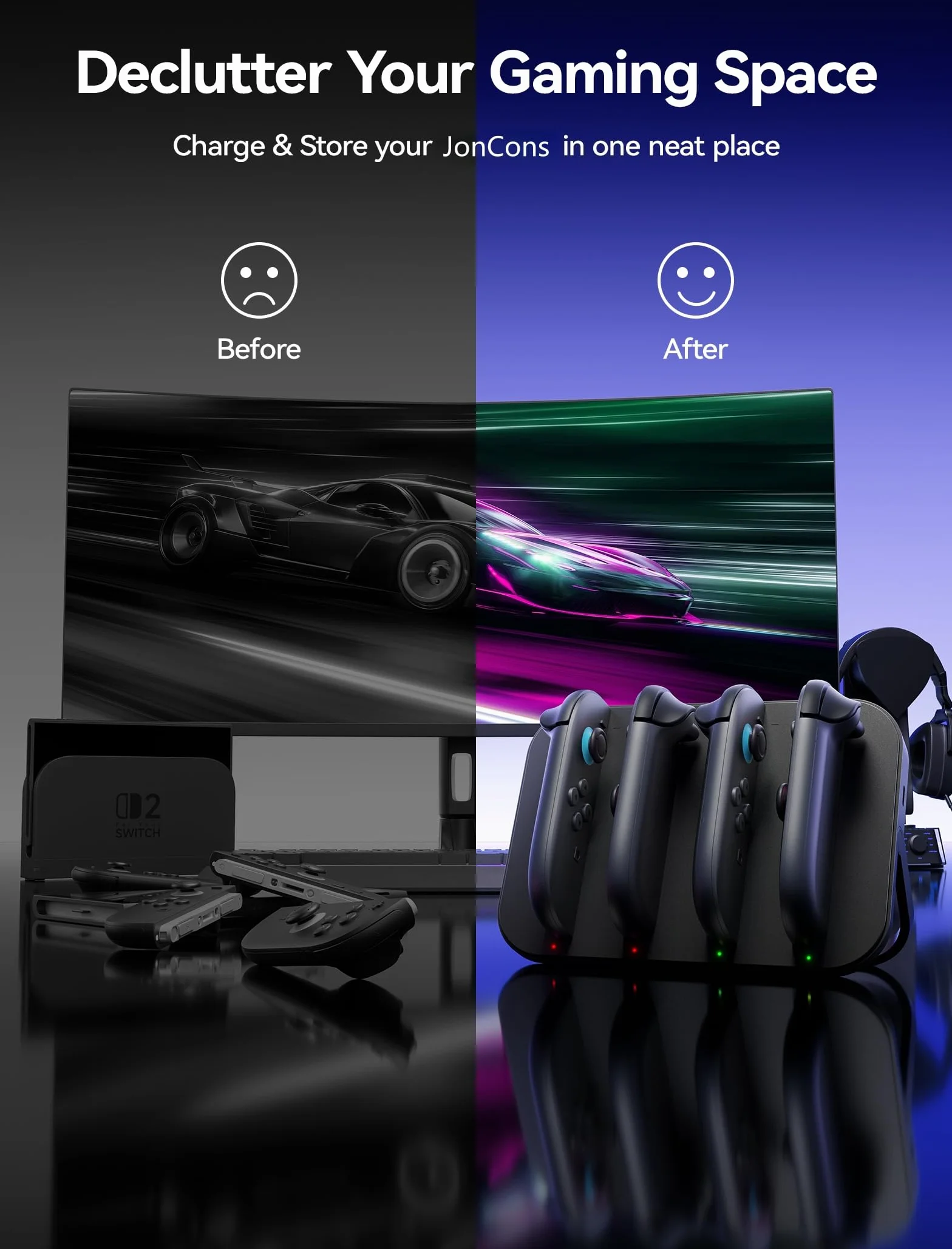 JSAUX Ładowarka kontrolera do Nintendo Switch 2 Joycon, magnetyczna stacja ładująca 4 w 1 z regulowanym stojakiem i wskaźnikiem LED, Switch 2 Joycon z kablem USB C 4,9 FT