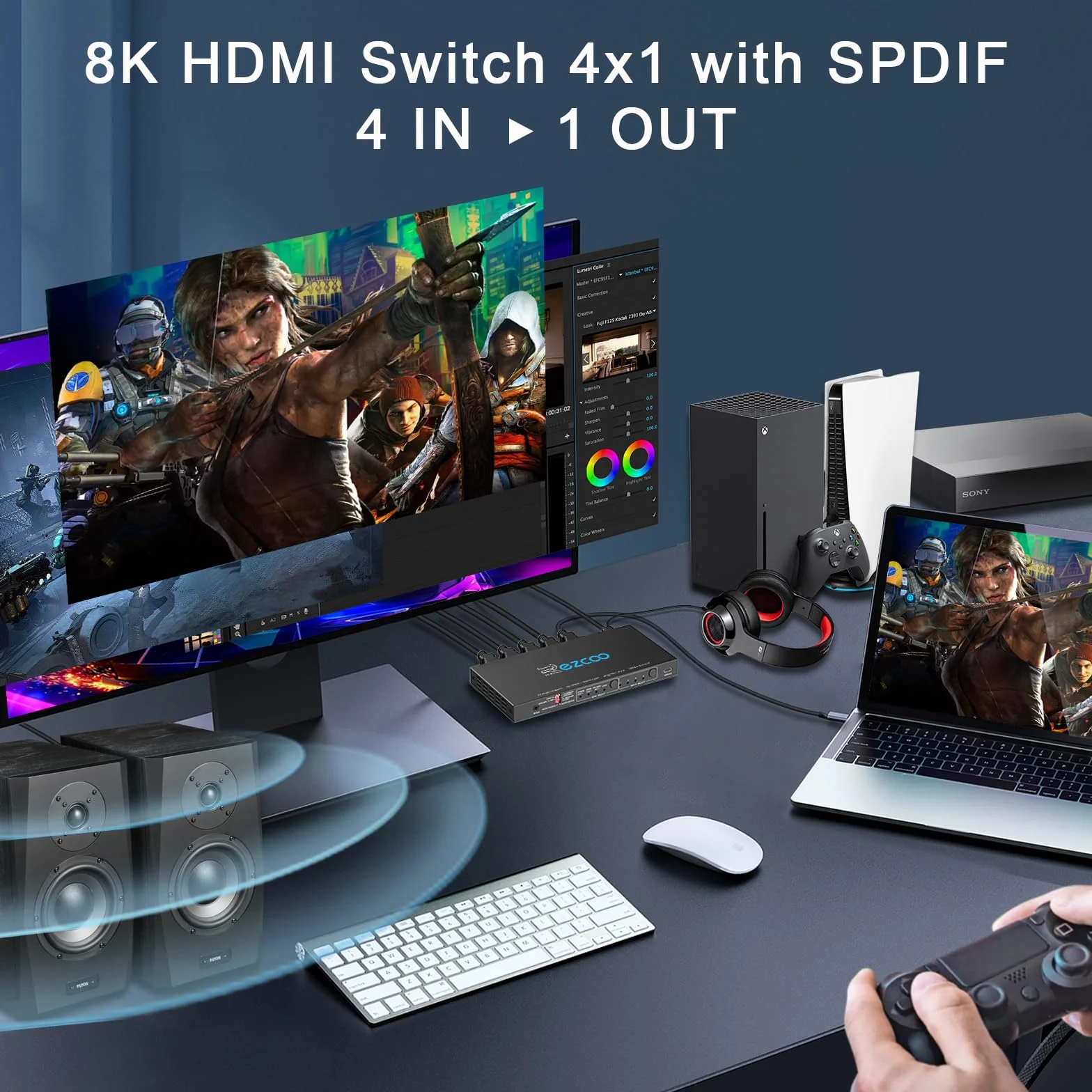 Przełącznik HDMI 2.1 eARC 4K 120 Hz 4x1 Wyciąg audio VRR ALLM HDCP2.3 ARC HDR10 Optyczne SPDIF i wyjście audio 3,5 mm Przełącznik HDMI 4 IN 1 OUT IR Pilot Dolby Digital EDID dla PS5 XBOX NVIDIA AM