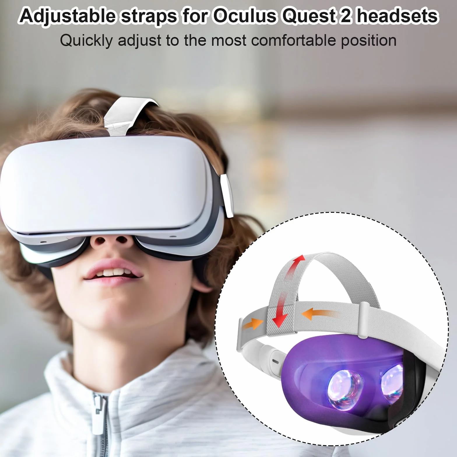 Pasek na Glowe do Oculus Quest 2, Regulowany Zamiennik Opaski na Glowe do Meta Quest 2 z 4 Nakladkami na Kciuki Zapewniajacymi Wiekszy Komfort Wsparcie i Immersje w Grach