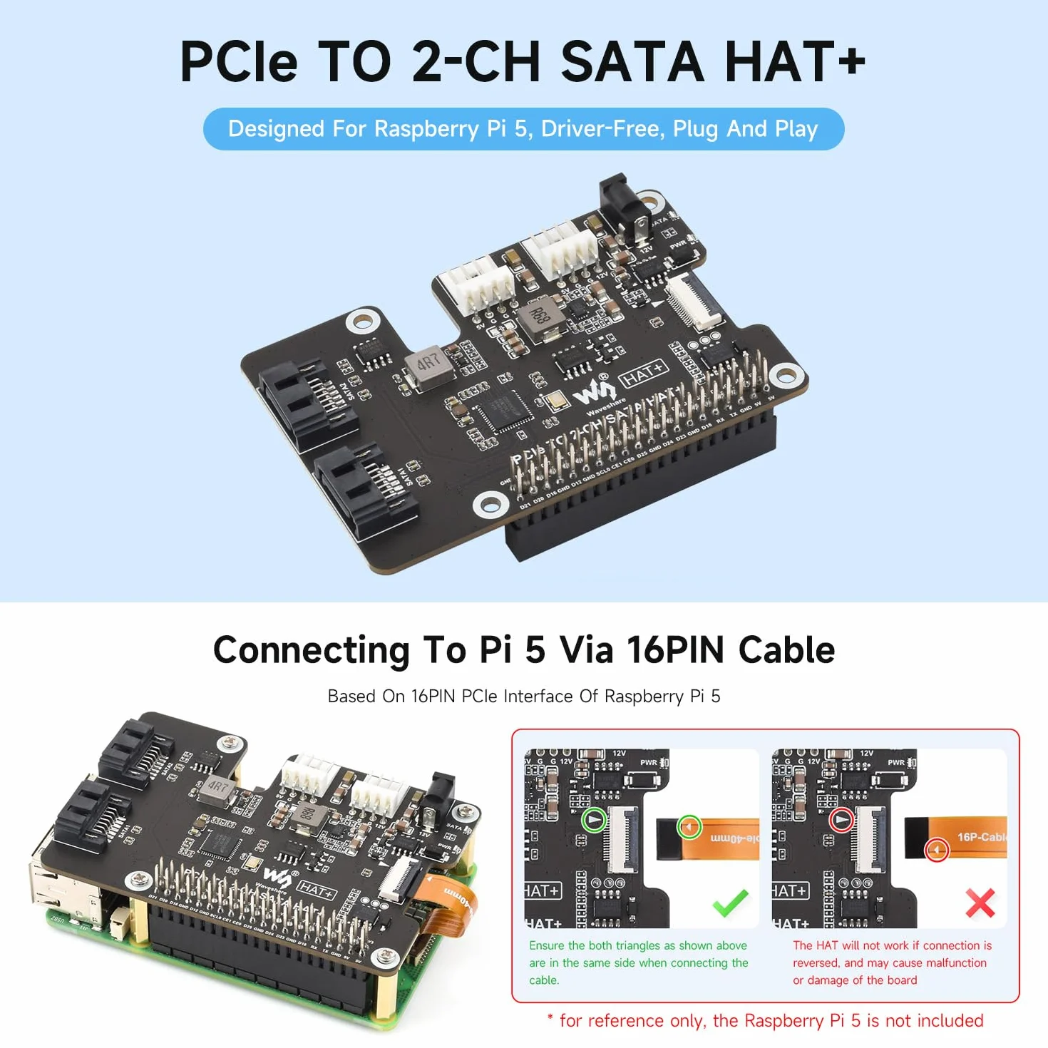 Waveshare PCIe To 2-Ch SATA Adapter For Raspberry Pi 5, Supports SATA Hard Drive Protocol, Onboard Dual LED Indicators And EEPROM, HAT + Standard, Driver-Free, Plug And Play