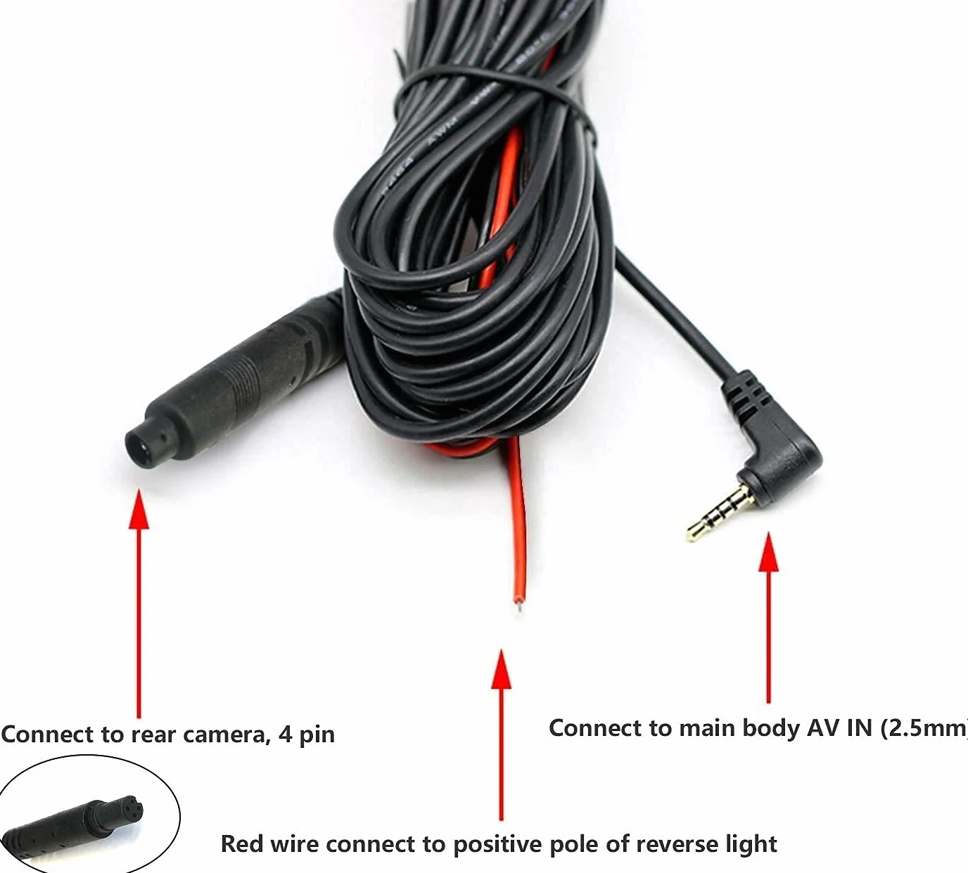 Kabel kamery tylnej WOLFBOX 33FT, dłuższy kabel zamienny do kamery tylnej G840S/G840H/G850/G900/G930/i07 (4-pinowy, 2,5 mm)