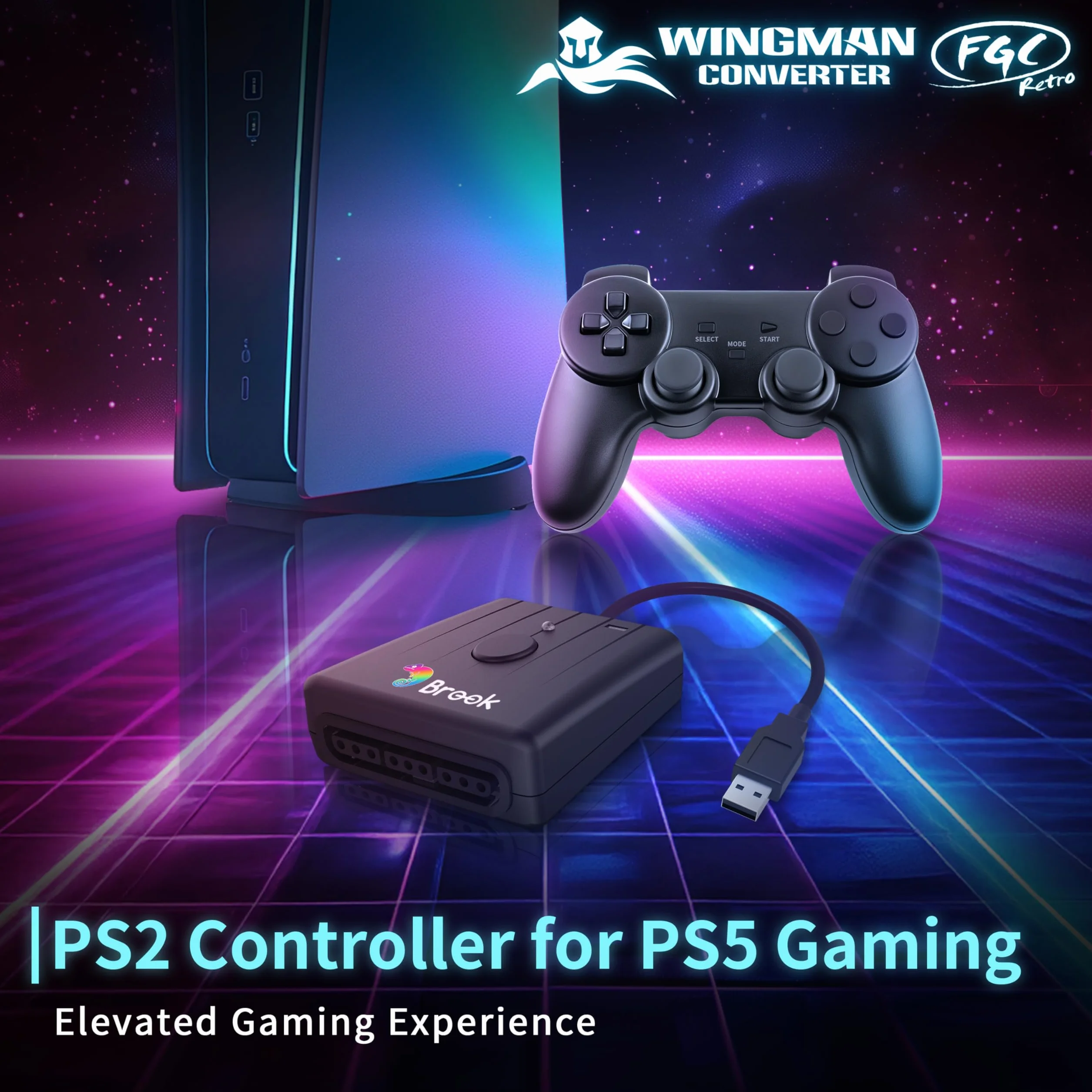 Brook Wingman FGC Retro z brelokiem – kontroler PS1 i PS2 do PS5, PS4, PC - Turbo, Remap, makro - X-Input - kompatybilny z matami tanecznymi, kijami zręcznościowymi, kontrolerami gier rytmicznych