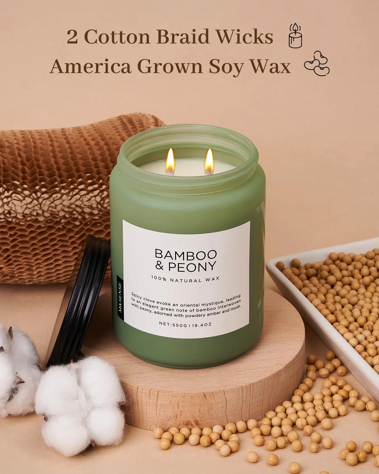 M&SENSE Bambus & Piwonia – Duża Świeca Sojowa (550g, 110h) | Wiosenny, Orzeźwiający Zapach | Naturalna, 2-Knotowa | Idealna na Prezent dla Niej i Relaksującą Aromaterapię