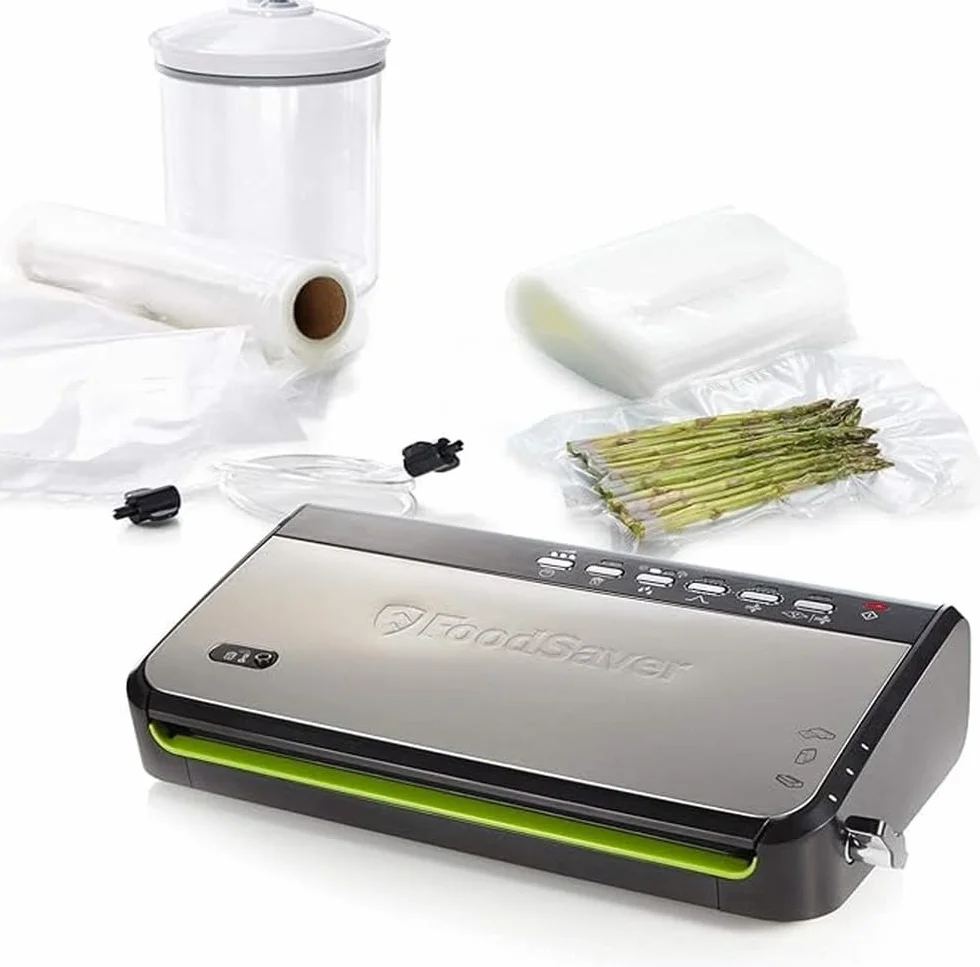 FoodSaver zgrzewarka próżniowa ze zintegrowanym schowkiem na rolkę, pakowarka próżniowa z gilotyną do worków i funkcją pulsacyjną do delikatnych produktów, FFS005X