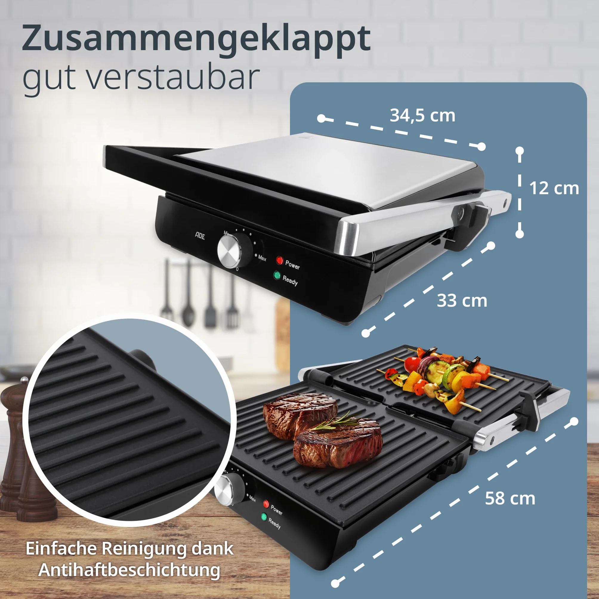 ADE Grill kontaktowy 2000 W elektryczny 3 w 1 składany 180° do kanapek