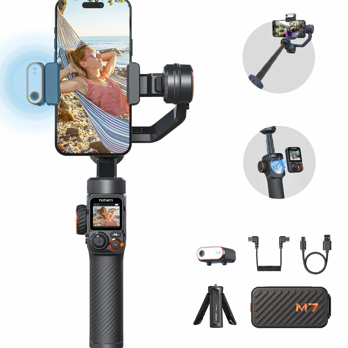 hohem iSteady M7 stabilizator do smartfona, tracker AI z regulowanym światłem RGB, zdejmowany pilot dotykowy, drążek przedłużający, stabilizator imbalowy o ładowności 500 g, dla iPhone i Android