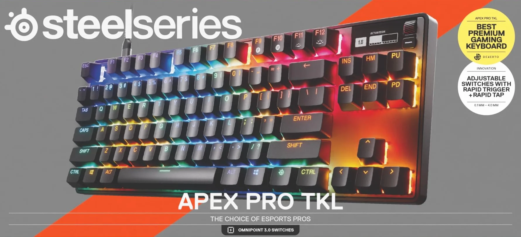 SteelSeries Apex Pro Gen 3 TKL - Hipermagnetyczna klawiatura dla graczy - przełączniki OmniPoint 3.0 - Rapid Trigger - Ustawienia gier - Rapid Tap/SOCD - OLED - RGB - nakładki z PBT - US Layout QWERTY