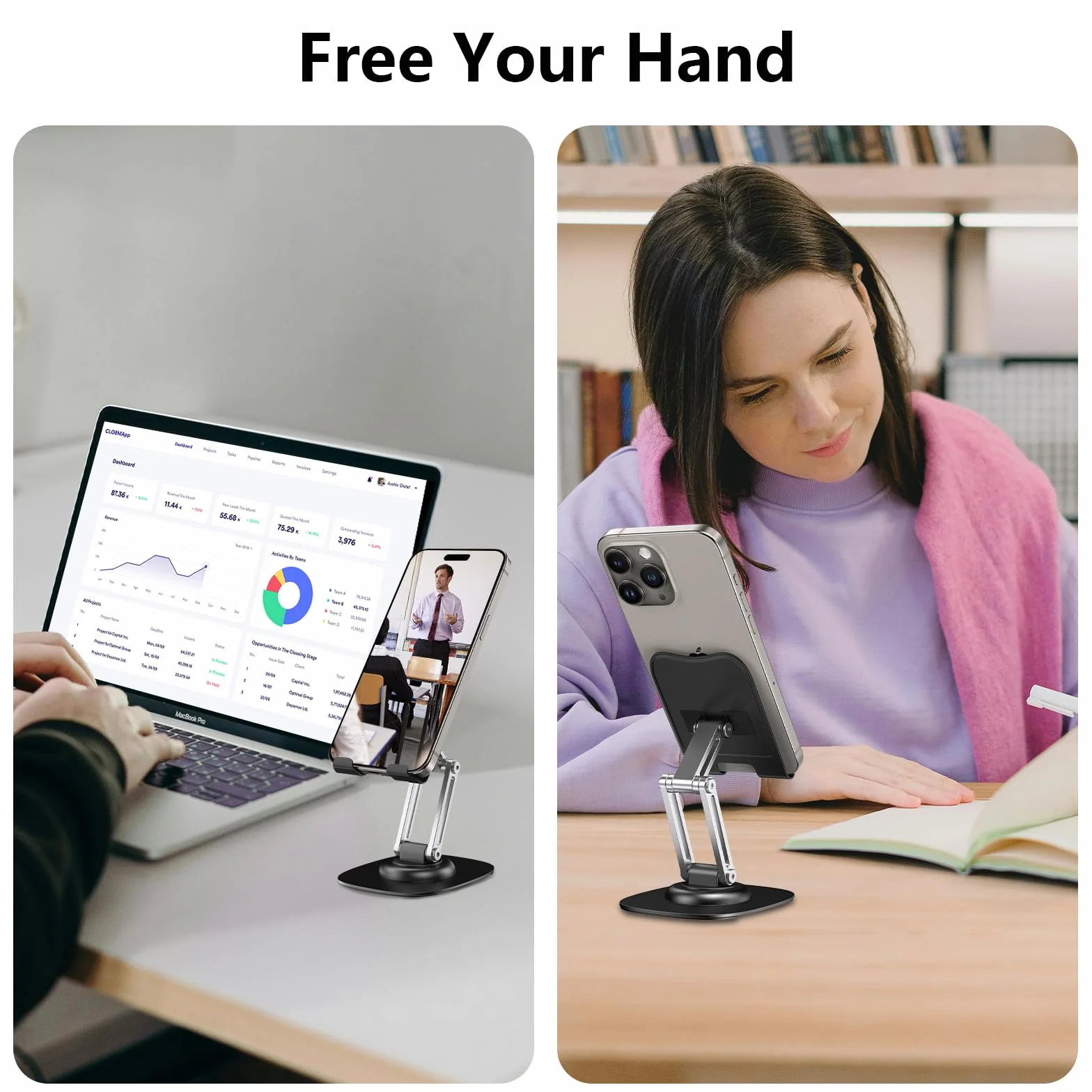 CreaDream Stojak na telefon komórkowy na biurko, aluminiowy uchwyt na telefon z obracającą się o 360 metalową podstawą, składany i przenośny uchwyt na telefon stacjonarny, kompatybilny z iPhone 16,